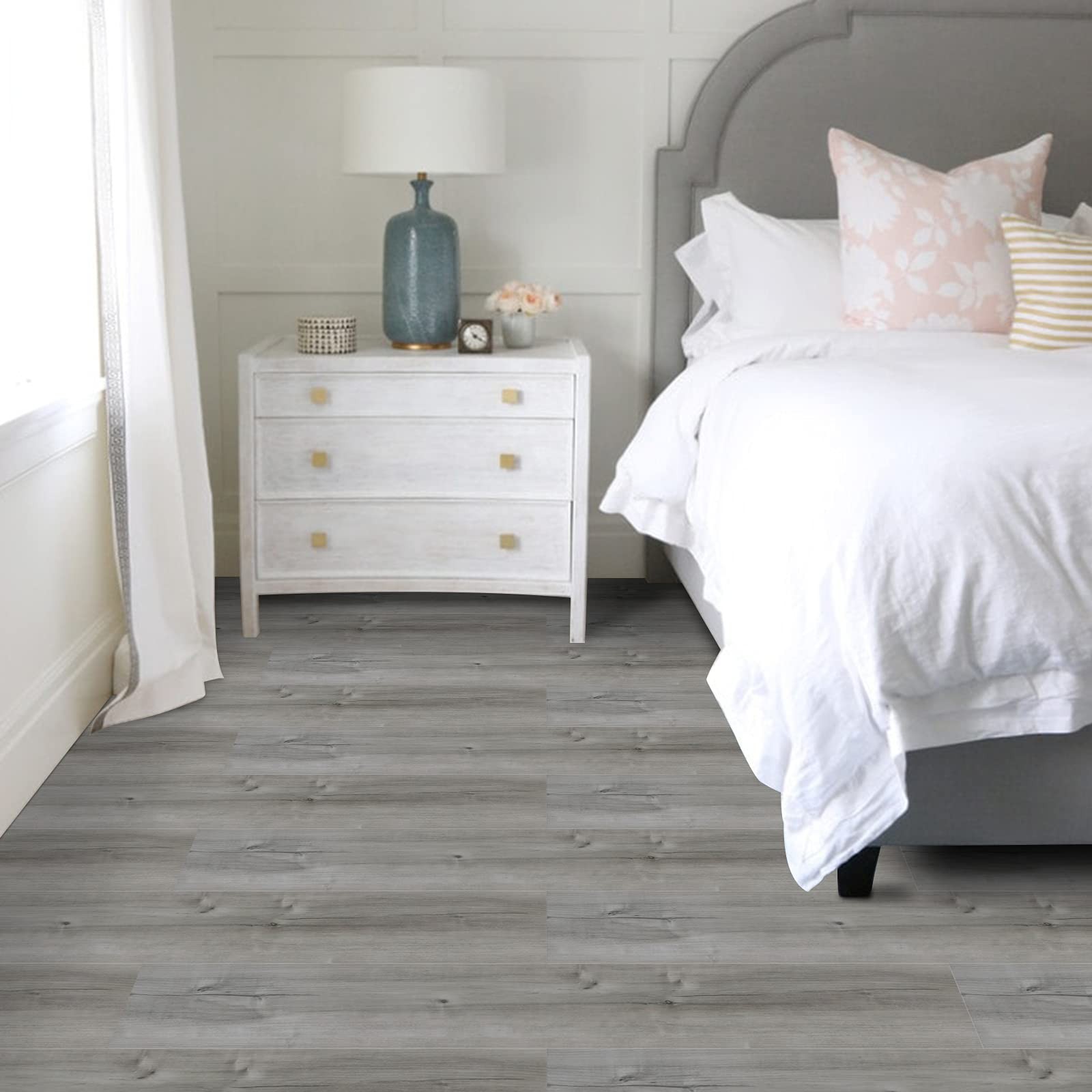 Peel Stick Floor Tile 10 Pack 15 Sq.Ft Natural Grey Wood Grain Vinyl Flooring