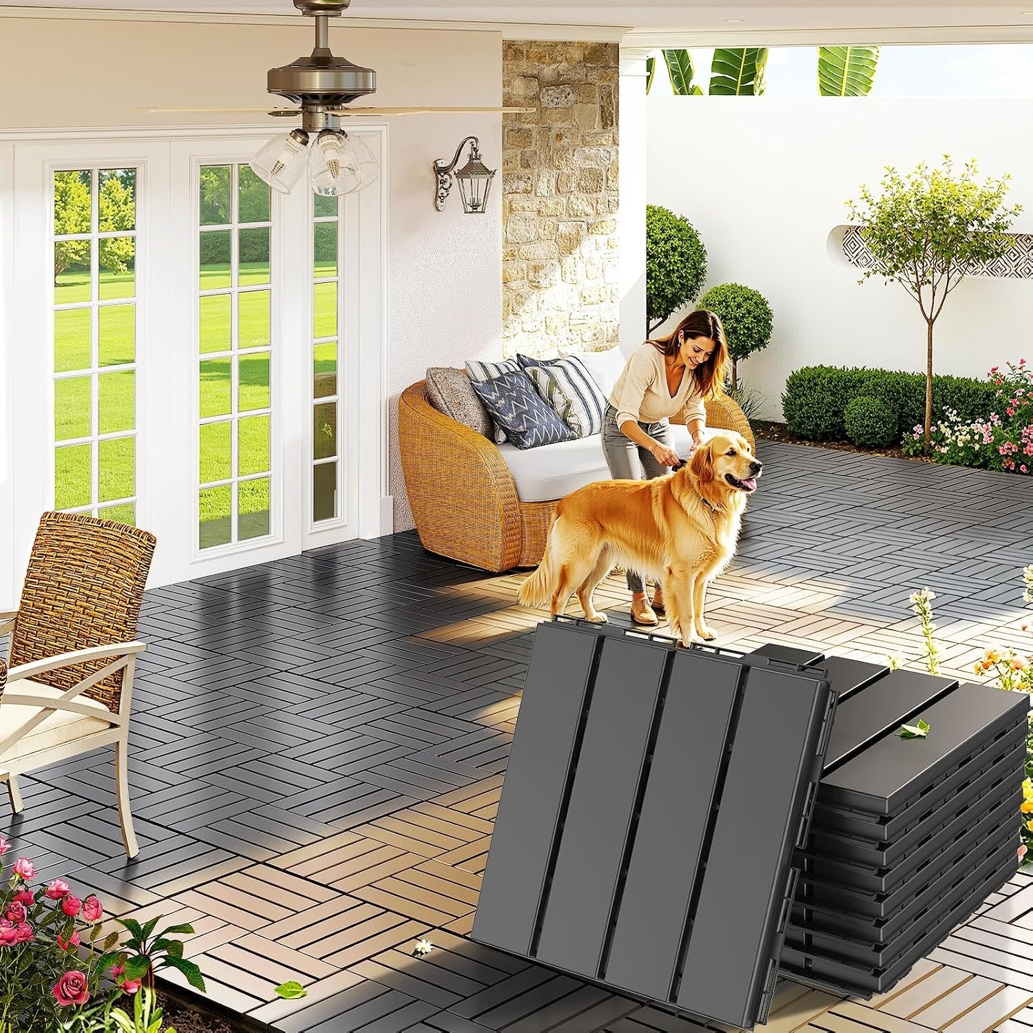 Lightweight Interlocking Deck Tiles – 12×12 Dark Grey Waterproof Patio Flooring