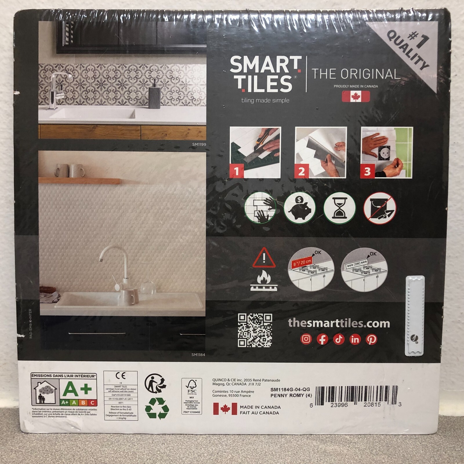Smart Tiles SM1184 8.95″ W X 8.98″ L White Glazed Vinyl Adhesive Wall Tile 4 pc
