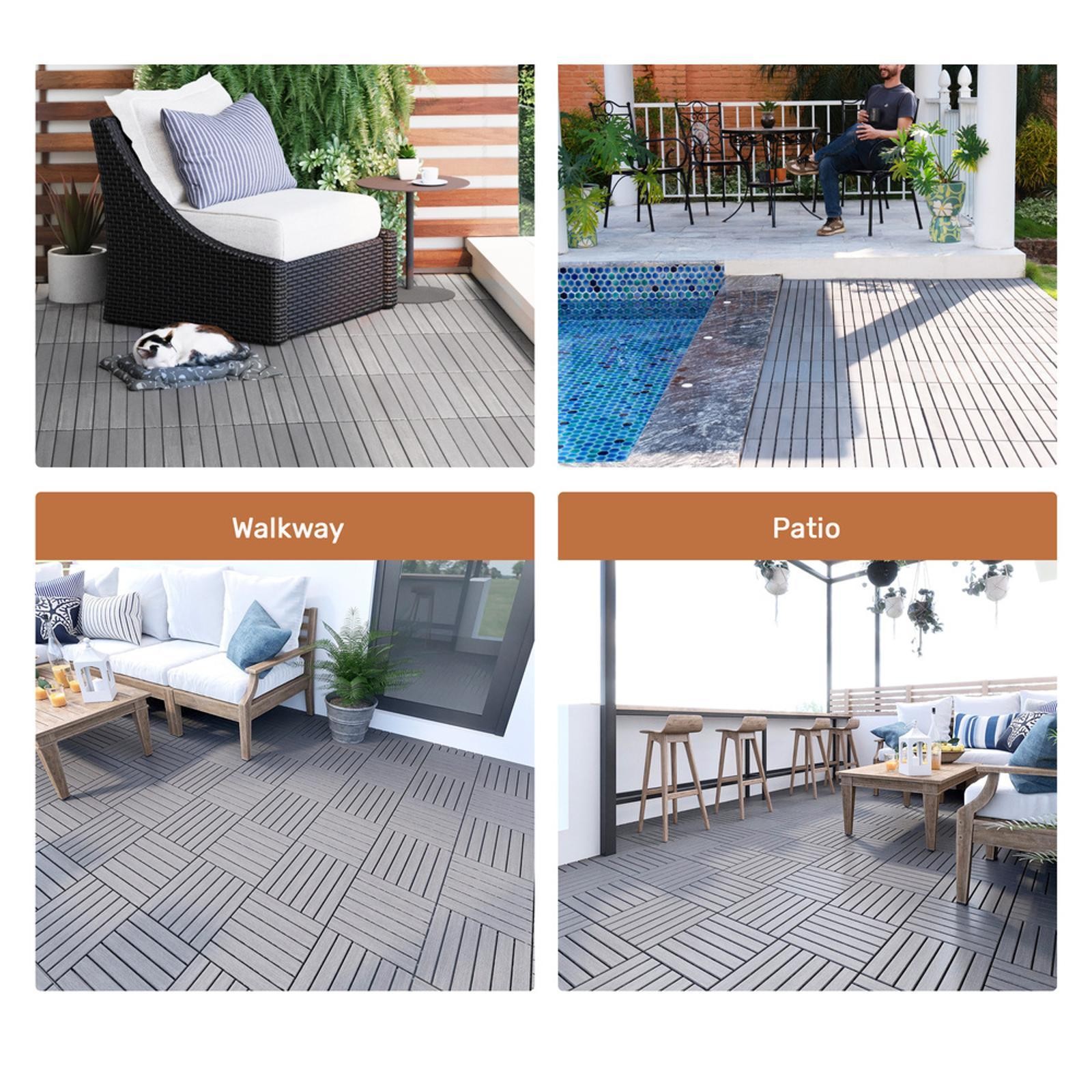 30PCS Acacia Interlocking Deck Tiles, Striped Pattern, 12×12 Waterproof Outdoor
