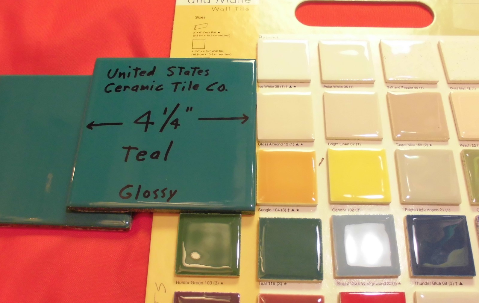 6 pieces Gloss Teal: 4-1/4″ ceramic tiles from the 1990’s, Made U.S.A. “NOS”