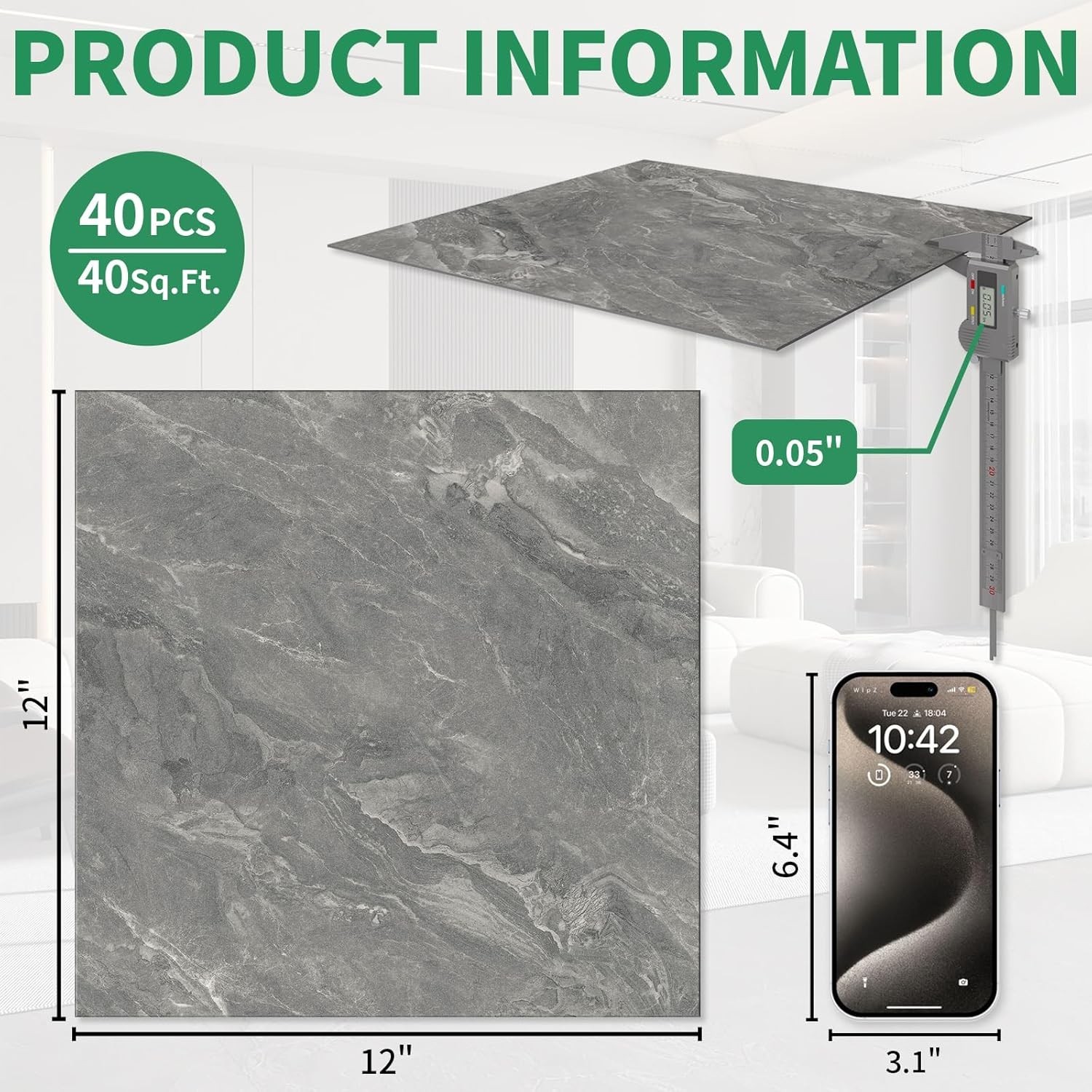 40-Pack Peel & Stick Floor Tiles 12 x 12 inch Vinyl Floor Self Adhesive Water…
