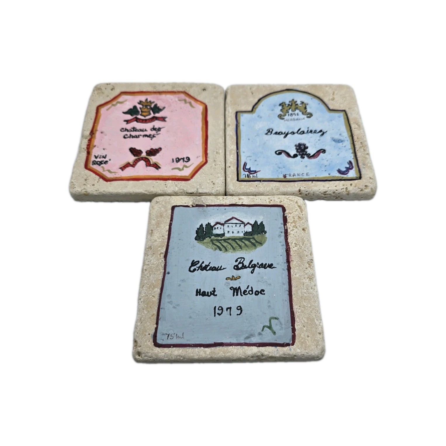 Coaster Tile Set Of 3 Wine Vino Label Hand Painted Chiaro Natural Stone Vintage