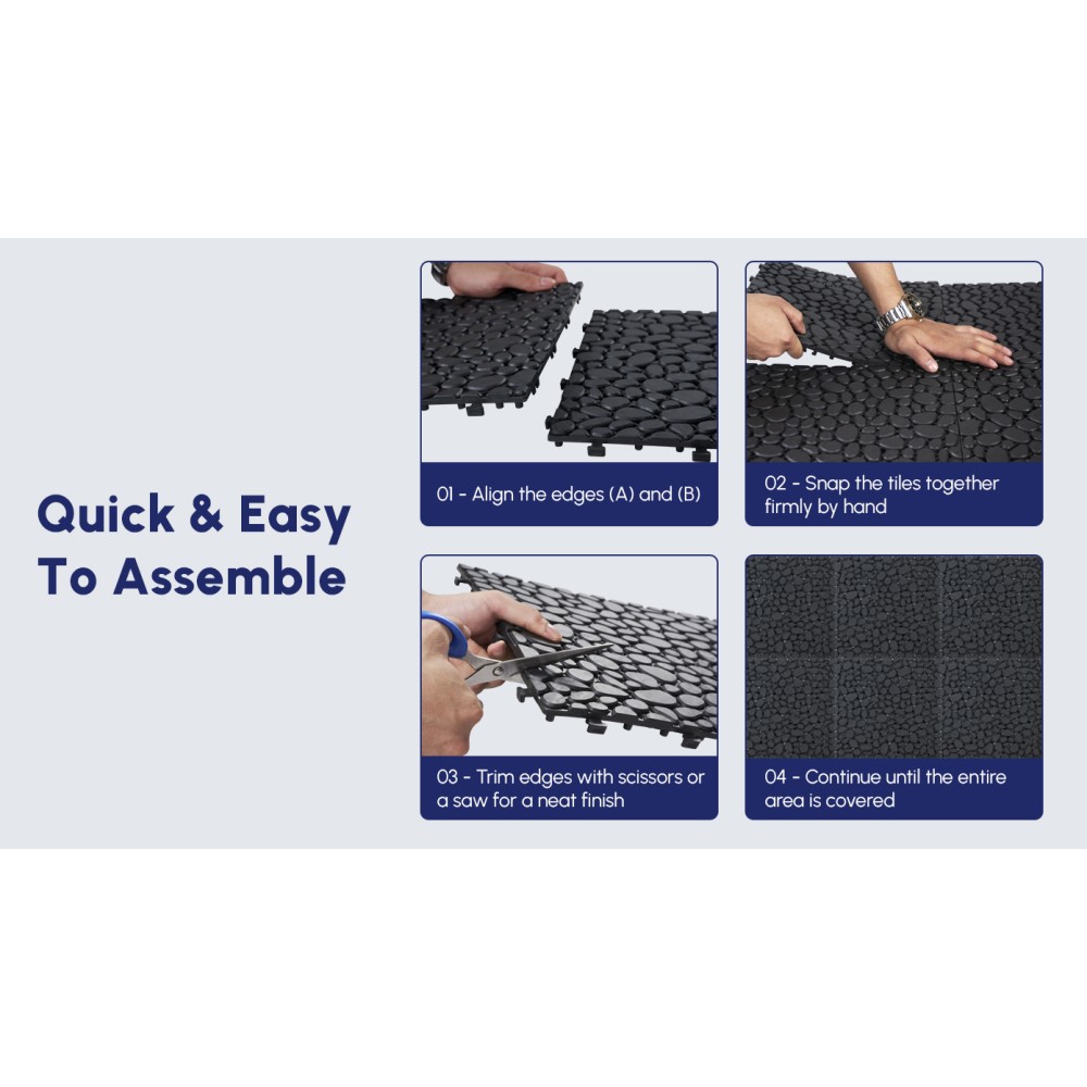 60Pcs 12 x 12 Inch Black Interlocking Deck Tiles Plastic Anti-slip Bathroom