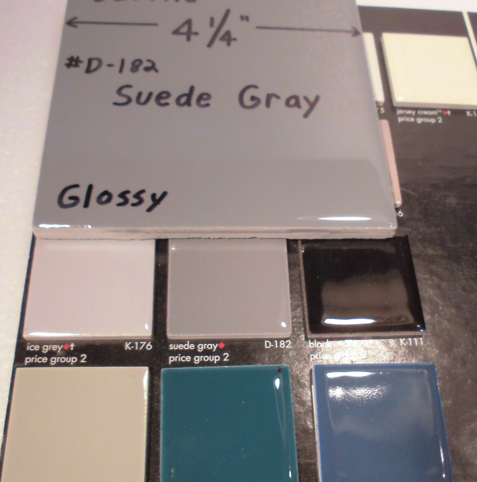 1 pc. Suede Gray; Glossy Ceramic Tile by Daltile; 4-1/4″ New Stock, darker gray