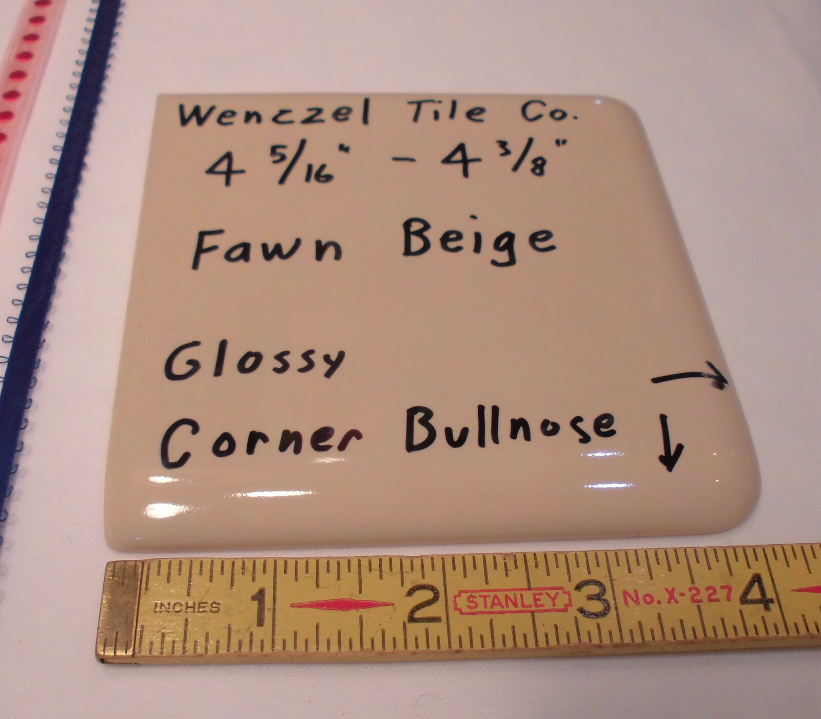 1 pc. Fawn Beige: Gloss Ceramic Corner Bullnose Tile by Wenczel Tile 4-5/16″