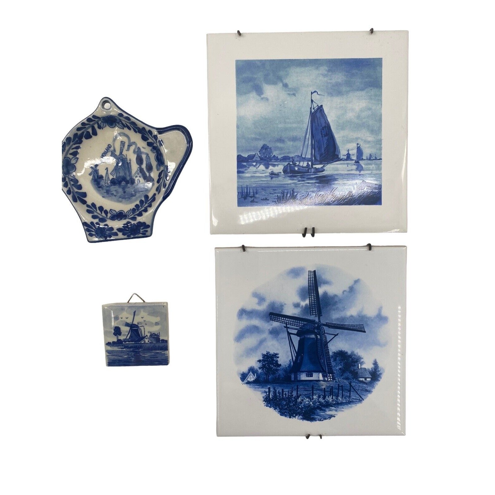 Delft Nautical Sailboat Windmill Holland Germany Set of 4 Ceramic Tiles Dishes