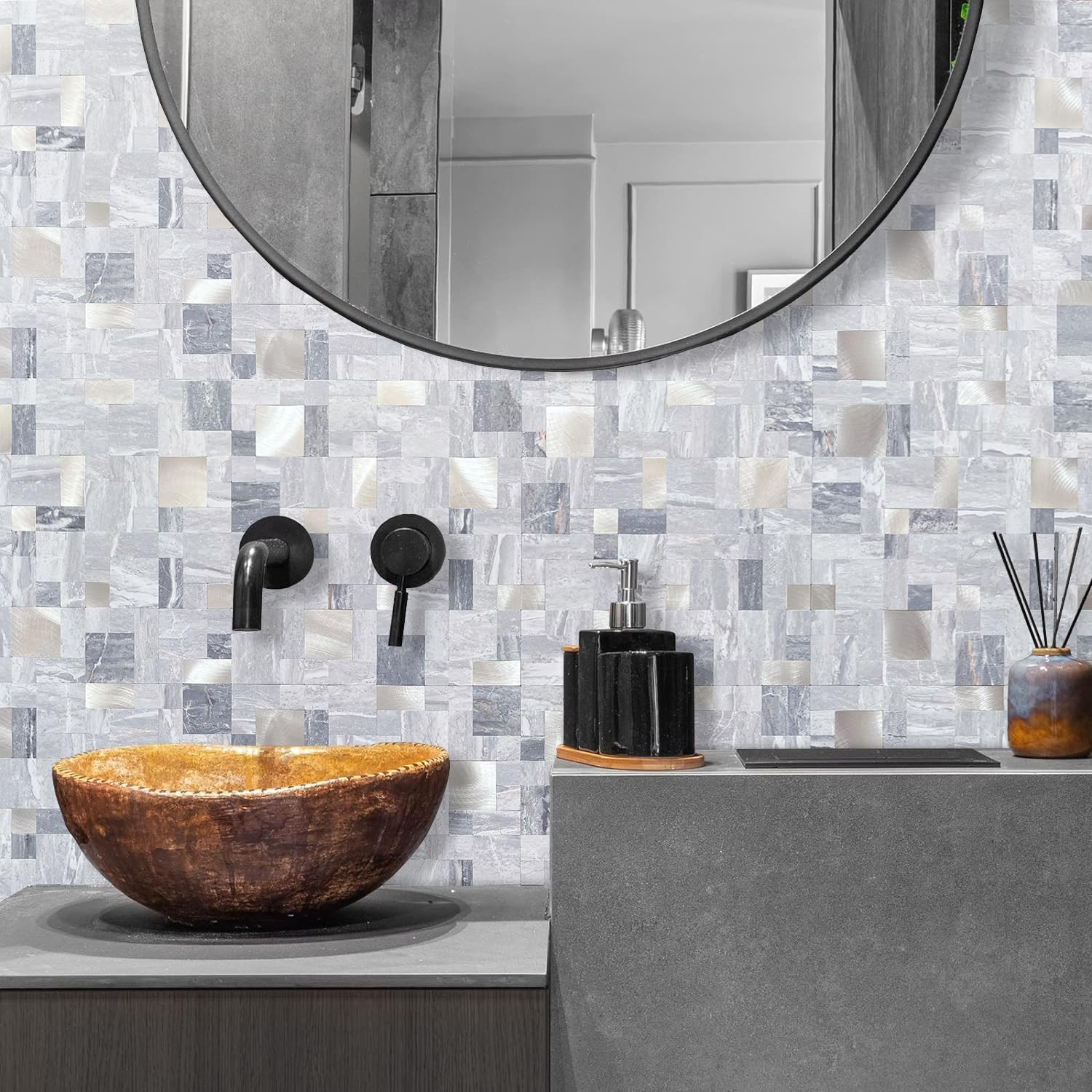 1 Sheet Grey Marble Peel and Stick Tile Backsplash, Mixed Metal Silver Chips Kit