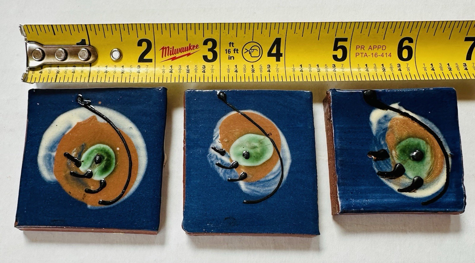 3 Vtg Cobalt Blue Ceramic Telavera Wall tiles 2 1/8” , 1 7/8” Handmade 1950s