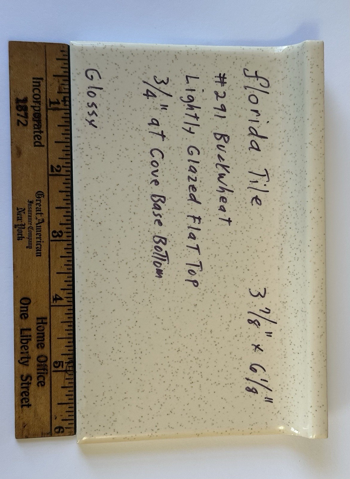 1 pc. Buckwheat 3-7/8 X 6-1/8″ Glossy Ceramic Cove Base Tile, florida, Flat Top