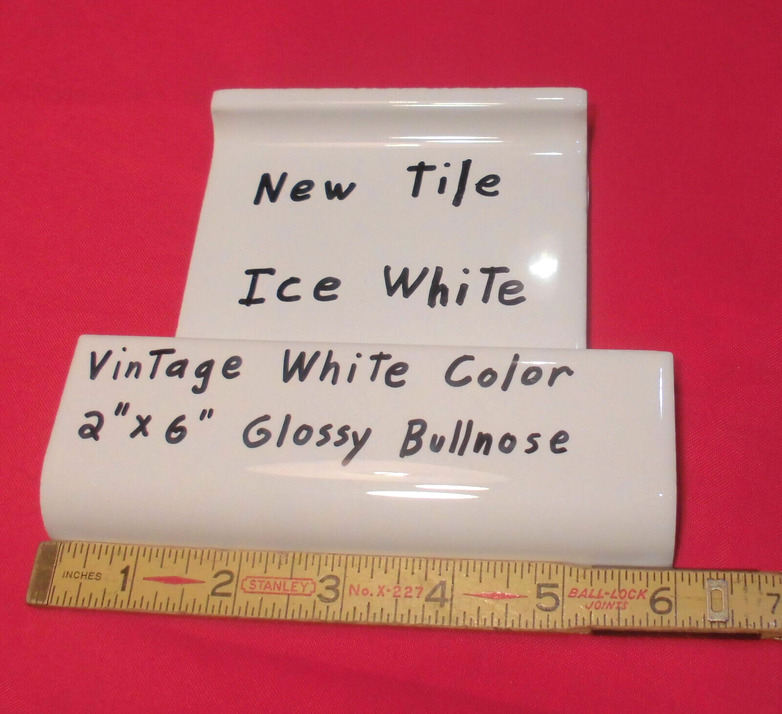 1 pc. *Vintage White* Glossy 2″ X 6″ Ceramic Radius Bullnose Tile; Mud Caps