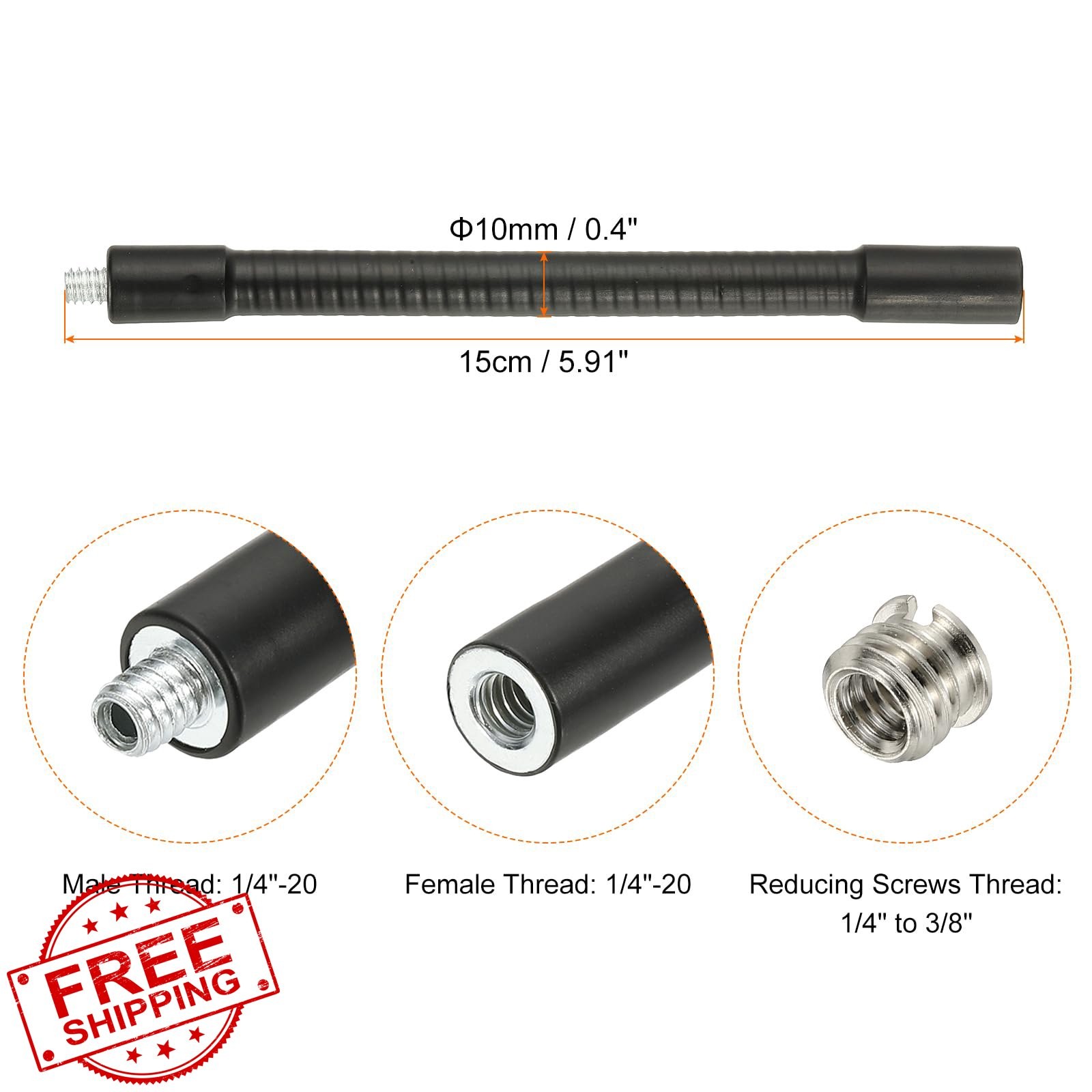 PATIKIL 6″ Metal Gooseneck Extension Hose, 1/4″-20 Thread, Black