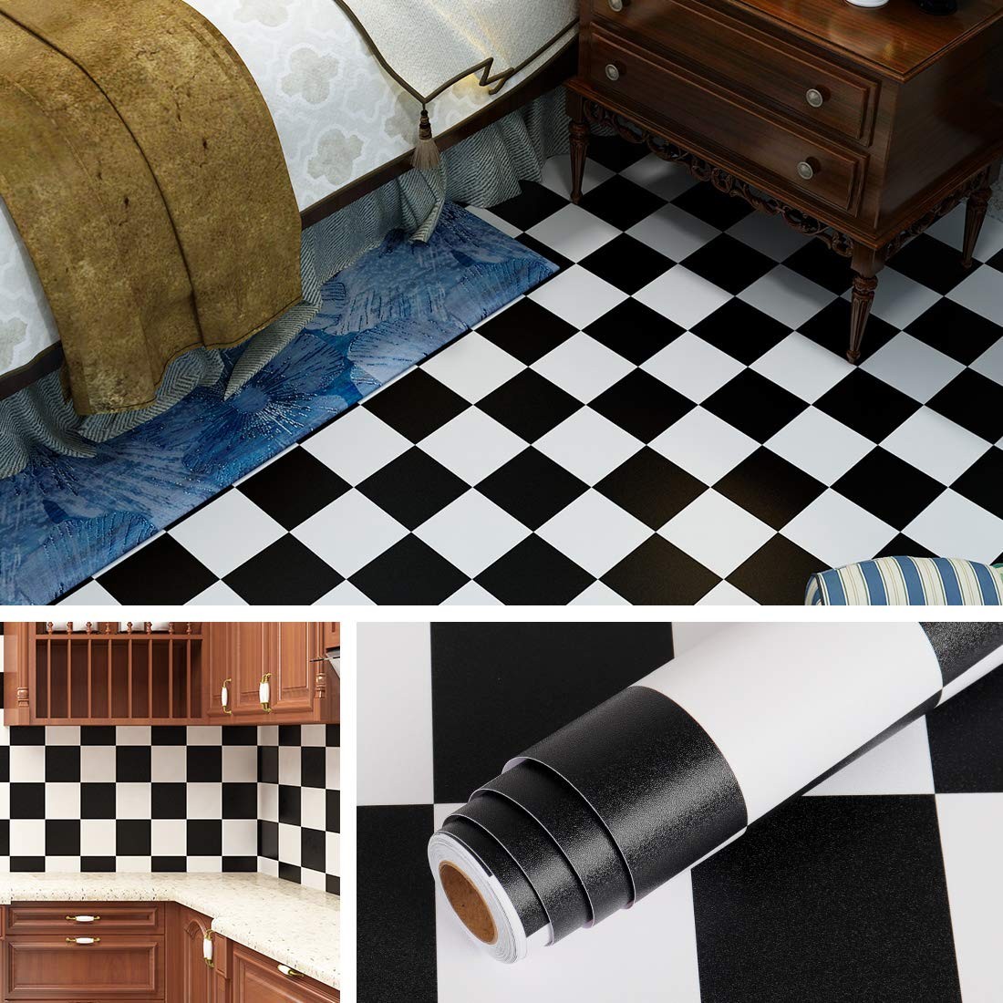 Checkered Black and White Vinyl Flooring Roll 15.8×78.8 in Floor Contact Pape…