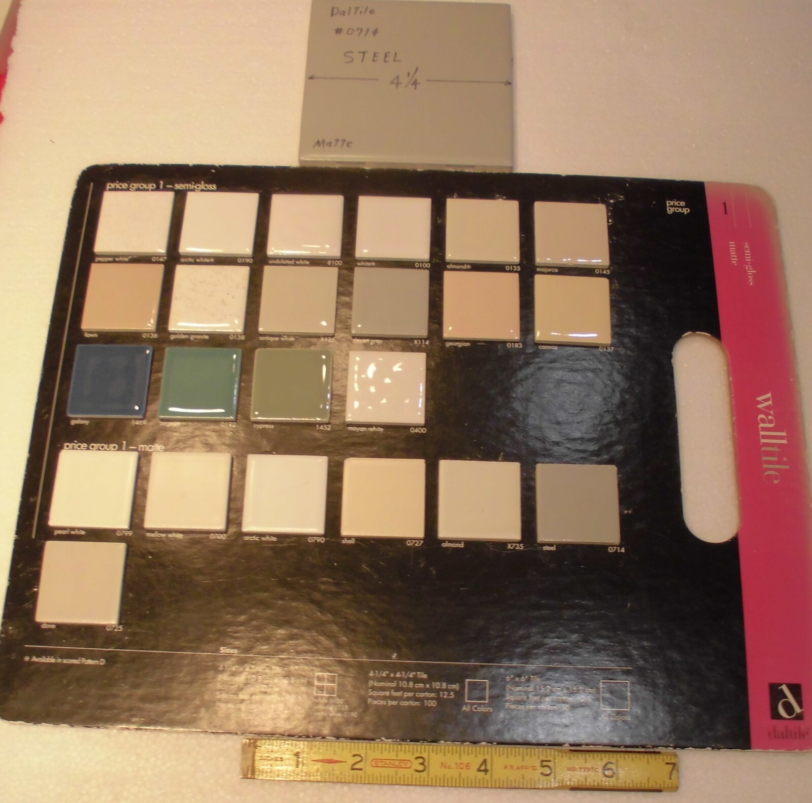 1 pc. Steel #0714: 4-1/4″ Matte Gray Ceramic Tile by Daltile, New