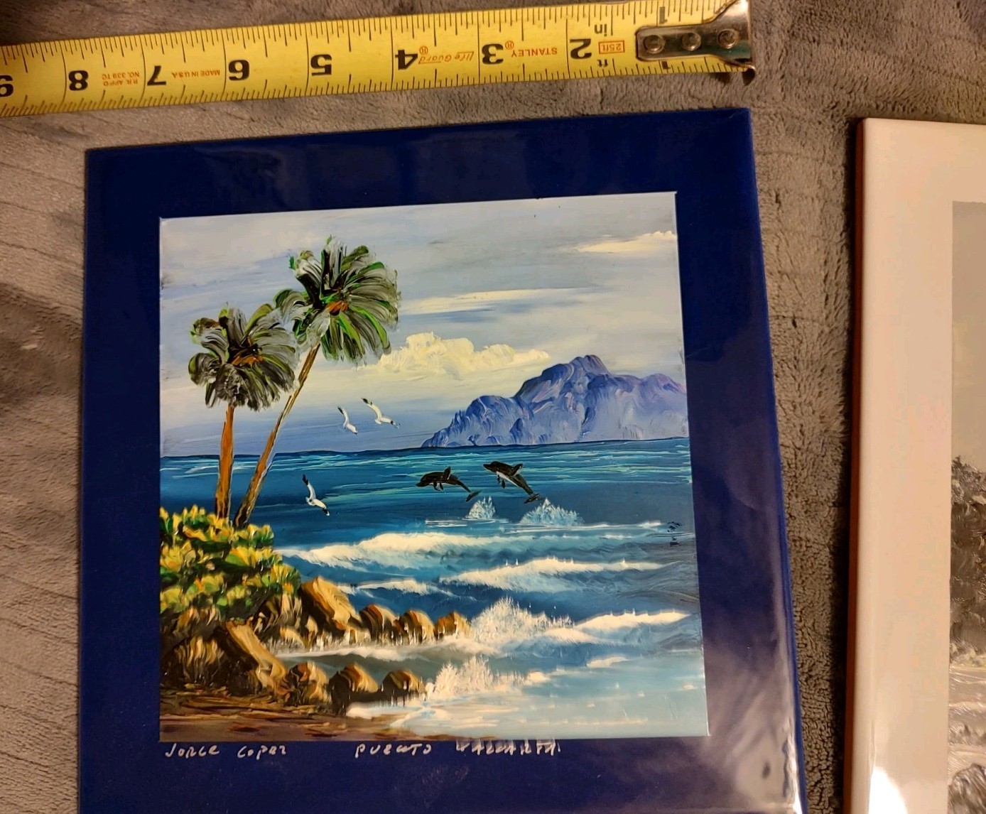 2 Signed art Tiles w/Beach Painting 11 3/4″ x 8″ and 8″ square by Jorge Coper