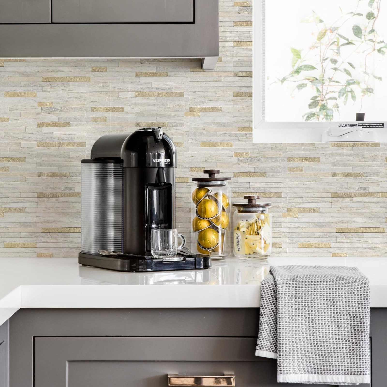 Peel Stick Backsplash Tile 2 Sheets Sunny Beige PVC Mixed Metal Gold Self Adh…