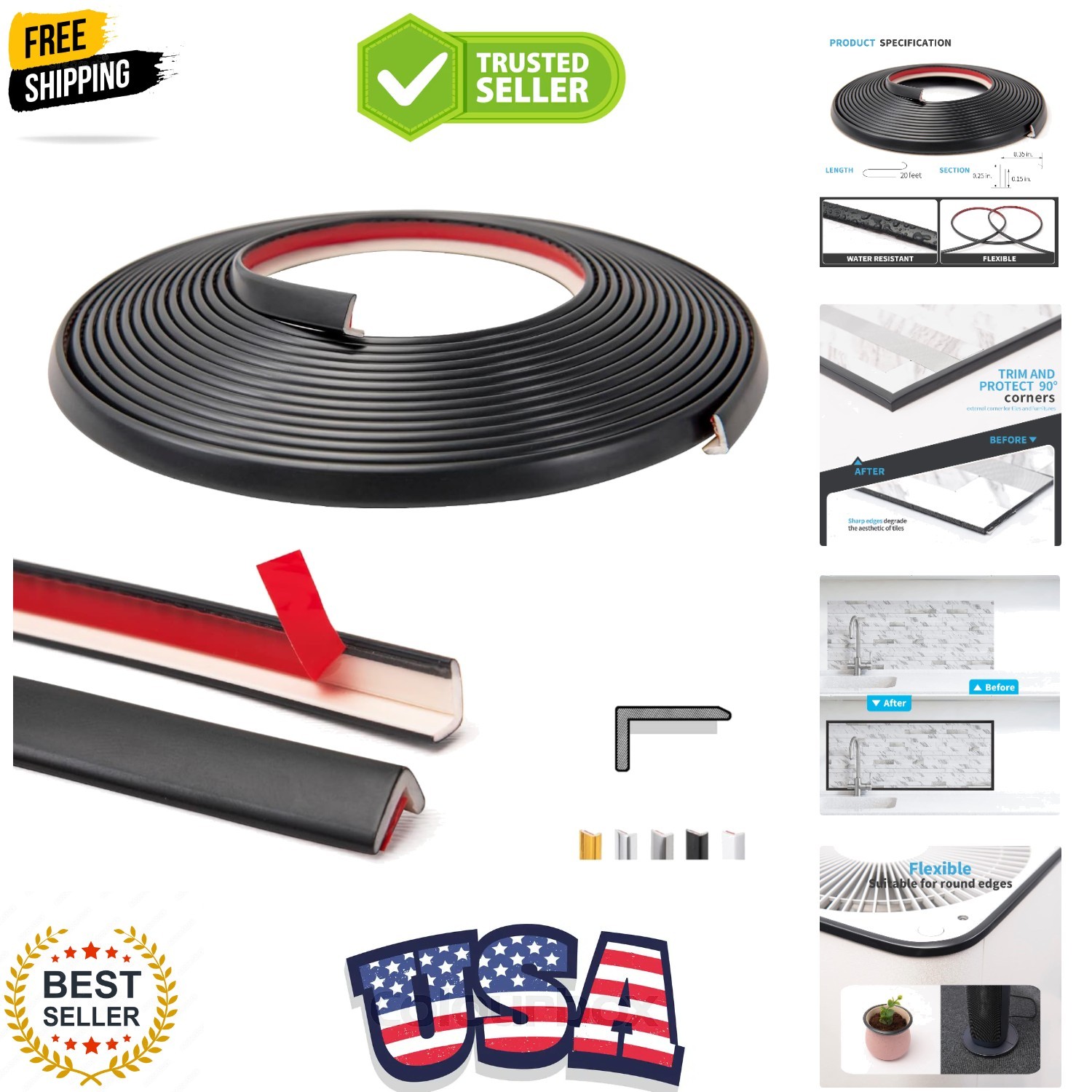 20ft Outside Vinyl Corner Trim Peel and Stick for Tile and Wall Edges, Furnit…