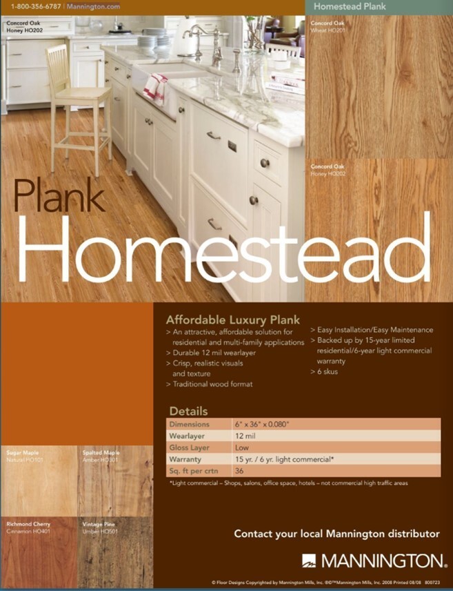 ENTIRE LOT MANNINGTON VINYL FLOORING HO101 HOMESTEAD PLANK SUGAR MAPLE NATURAL