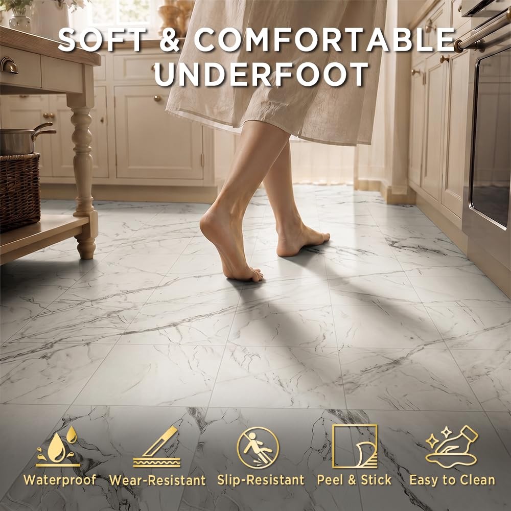 Renter-Friendly Marble Grain Peel and Stick Floor Tile 10 PCS – NO Grout, NO Mes