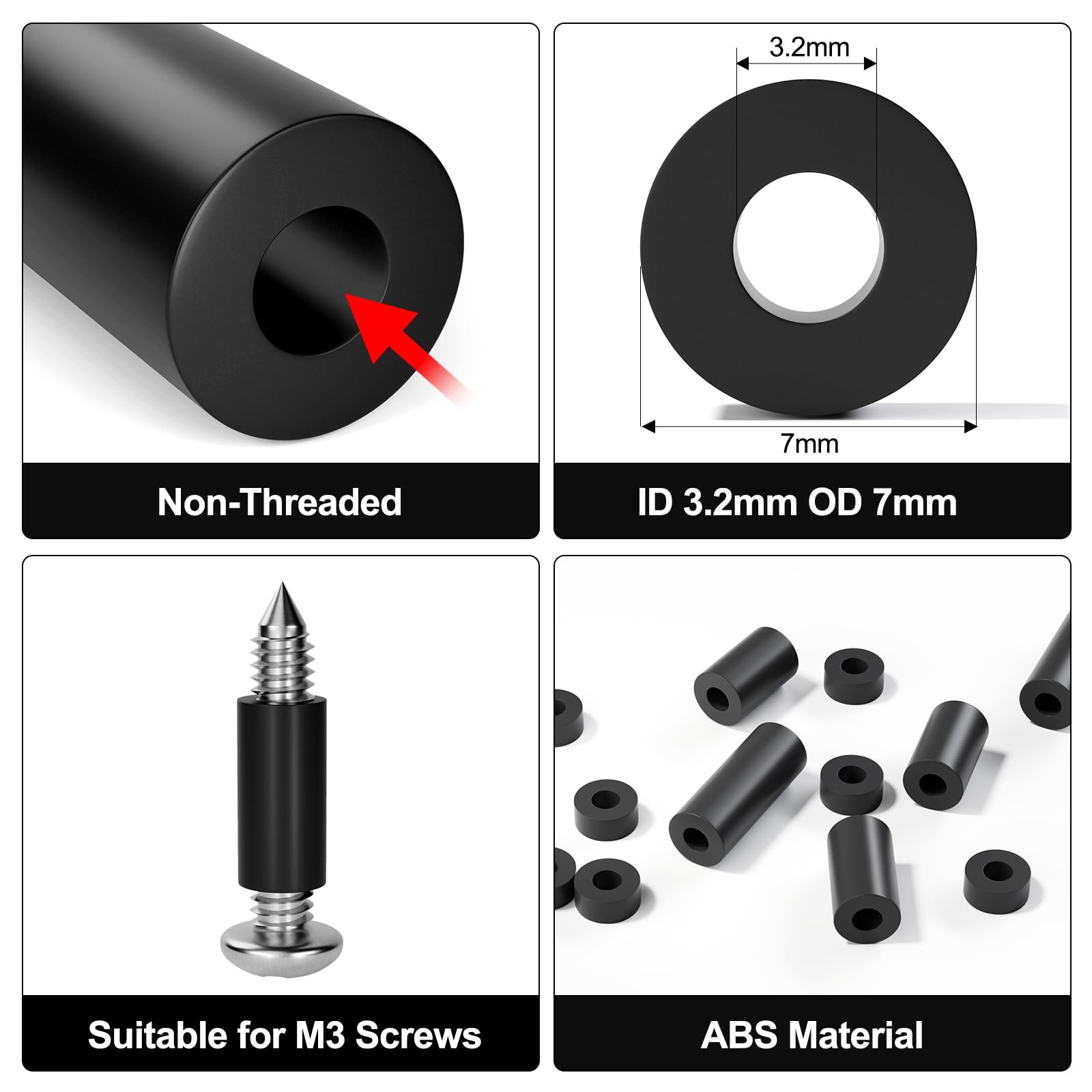 Exqutoo Black ABS Round Washers ID 3.2mm,OD 7mm, 3mm 5mm 3.2mm, Black/3.2mm