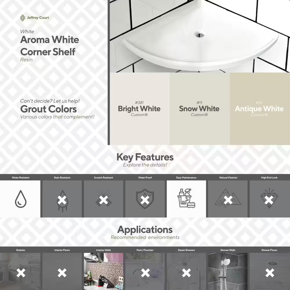 Aroma White 7.5 In. X 7.5 In. Matte Resin Wall Mount Corner Shelf Tile