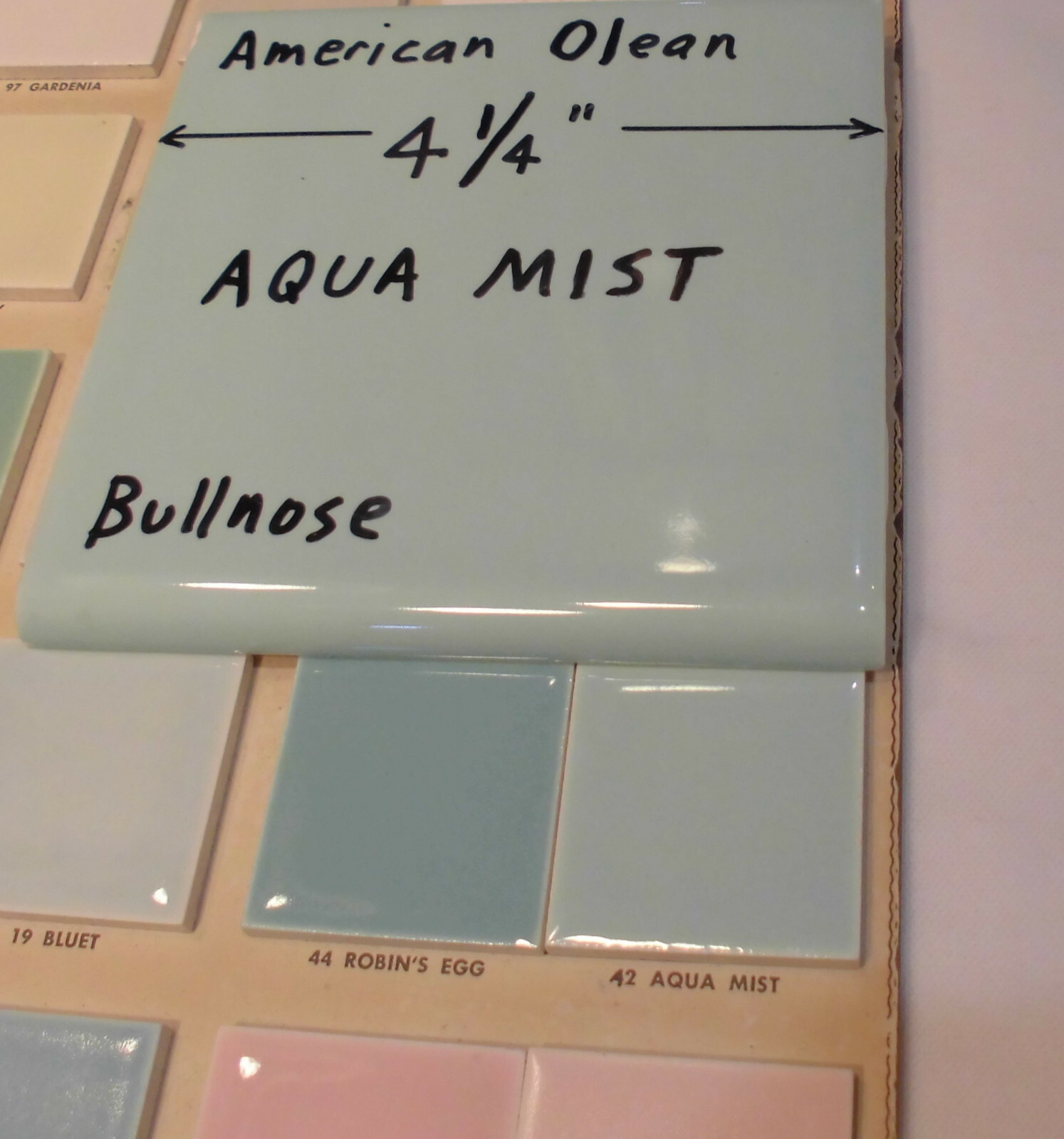 1 pc. *Aqua Mist* Vintage Glossy Ceramic Bullnose Tile 4-1/4” blue-green by A.O.