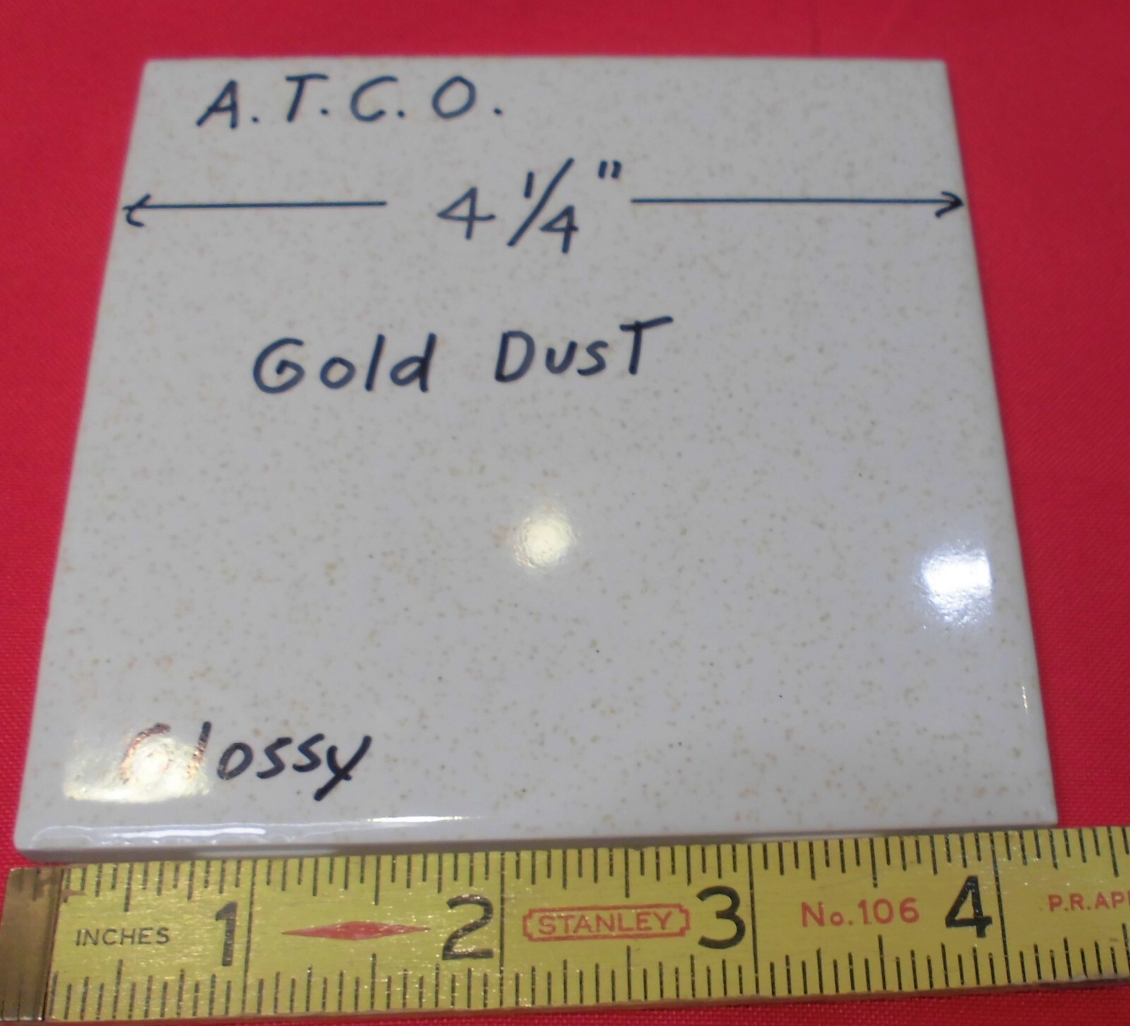 1 pc. *Gold Dust* 4-1/4″ Glossy Ceramic Tile: by A.T.C.O. white + gold specks