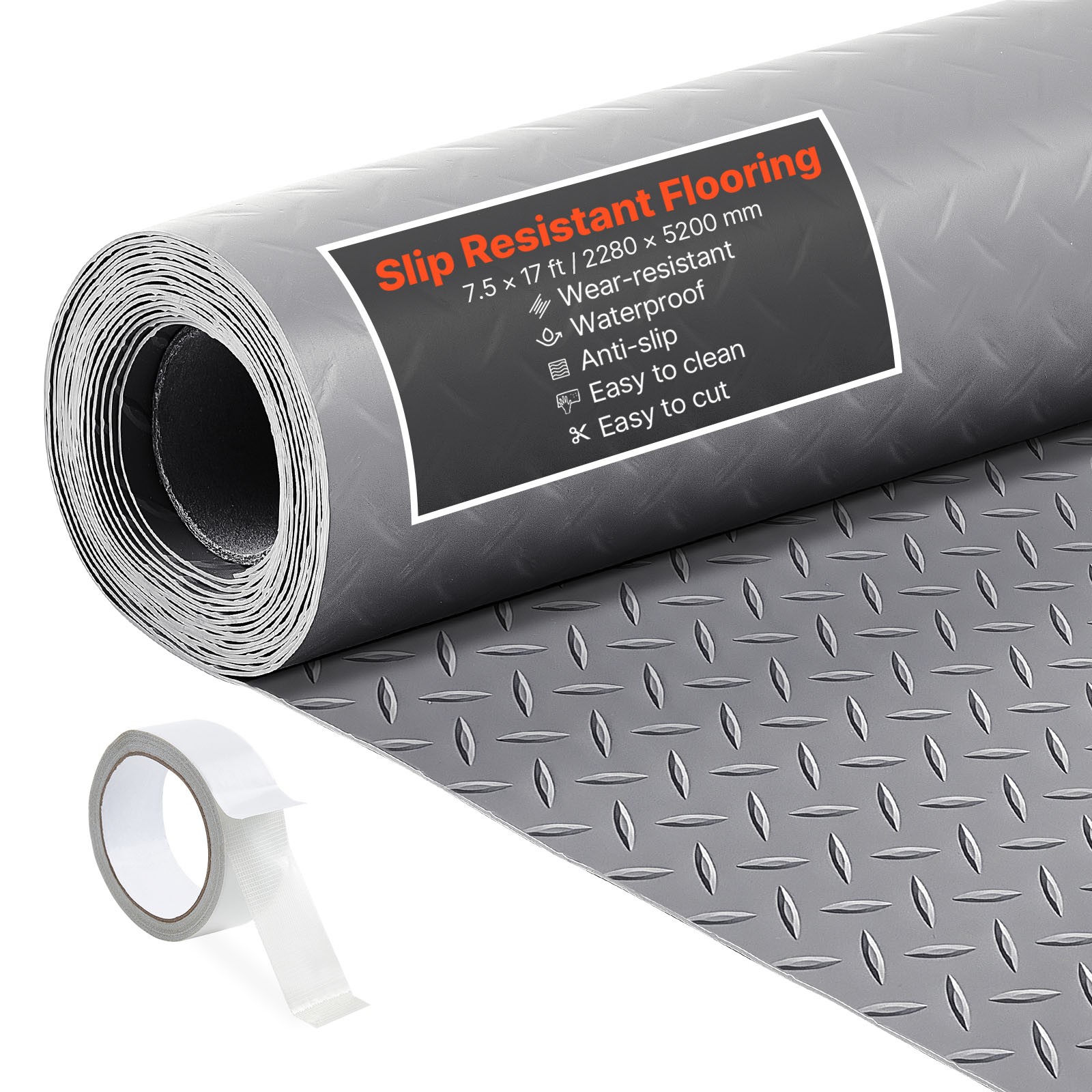 VEVOR Garage Floor Roll 7.5×17 ft PVC Diamond Mat Non-Slip Silver Gray