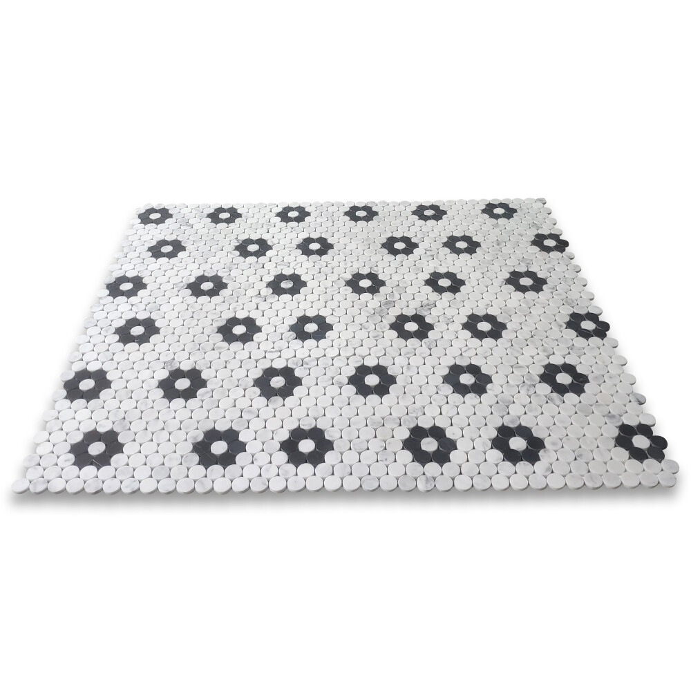 C93LF1XH Carrara White Marble Penny Round Rosette 1″ Mosaic Tile Marquina Honed