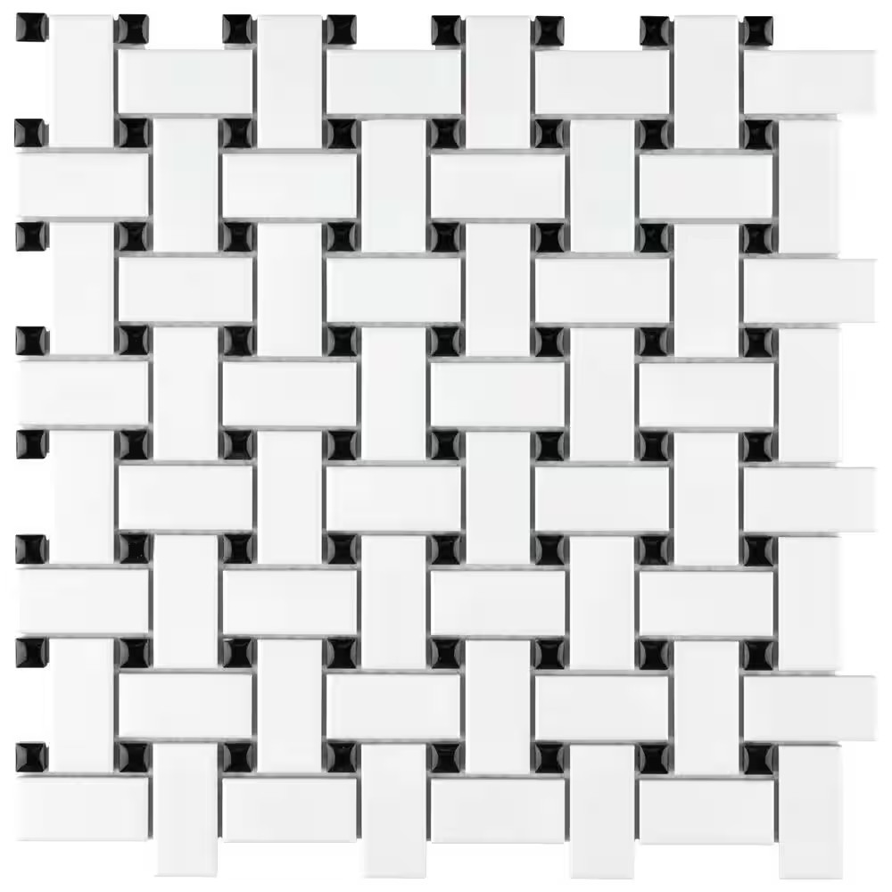 Metro Basketweave White with Black Dot 11-3/4 In. X 11-3/4 In. Porcelain Mosaic
