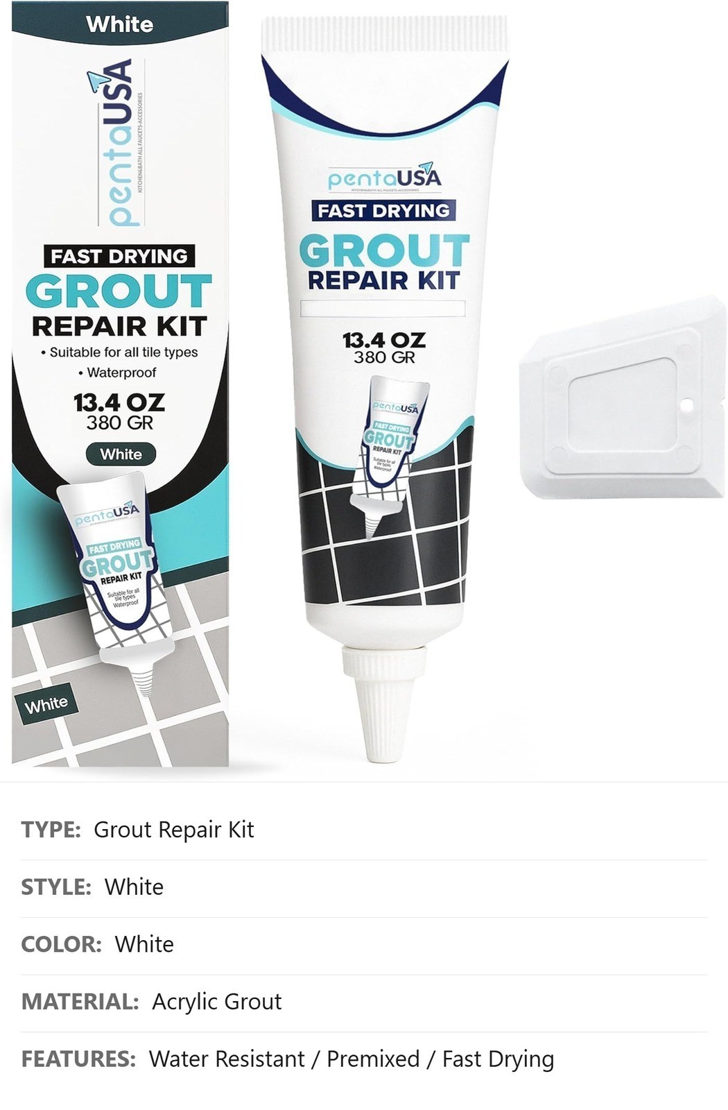 White Tile Grout Repair Kit, 13.4 oz, Premixed Acrylic Sanded, Water Resistant