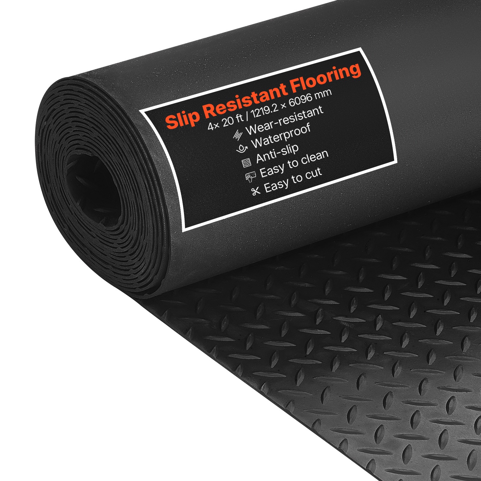 VEVOR Garage Floor Roll 4×20 ft Rubber Diamond Mat Waterproof Non-Slip Black
