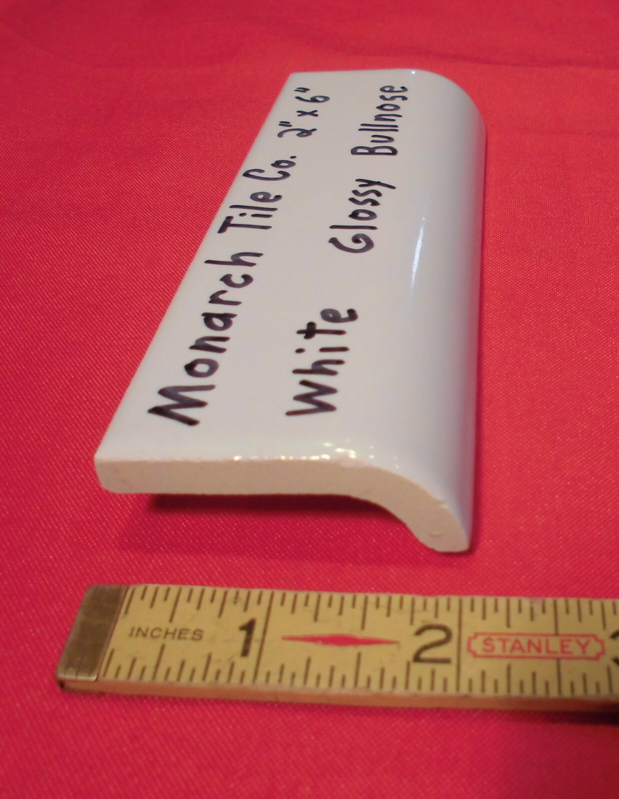 1 pc. Glossy White; 2″ X 6″ Ceramic Radius Bullnose Tile; New Mud Caps; Monarch