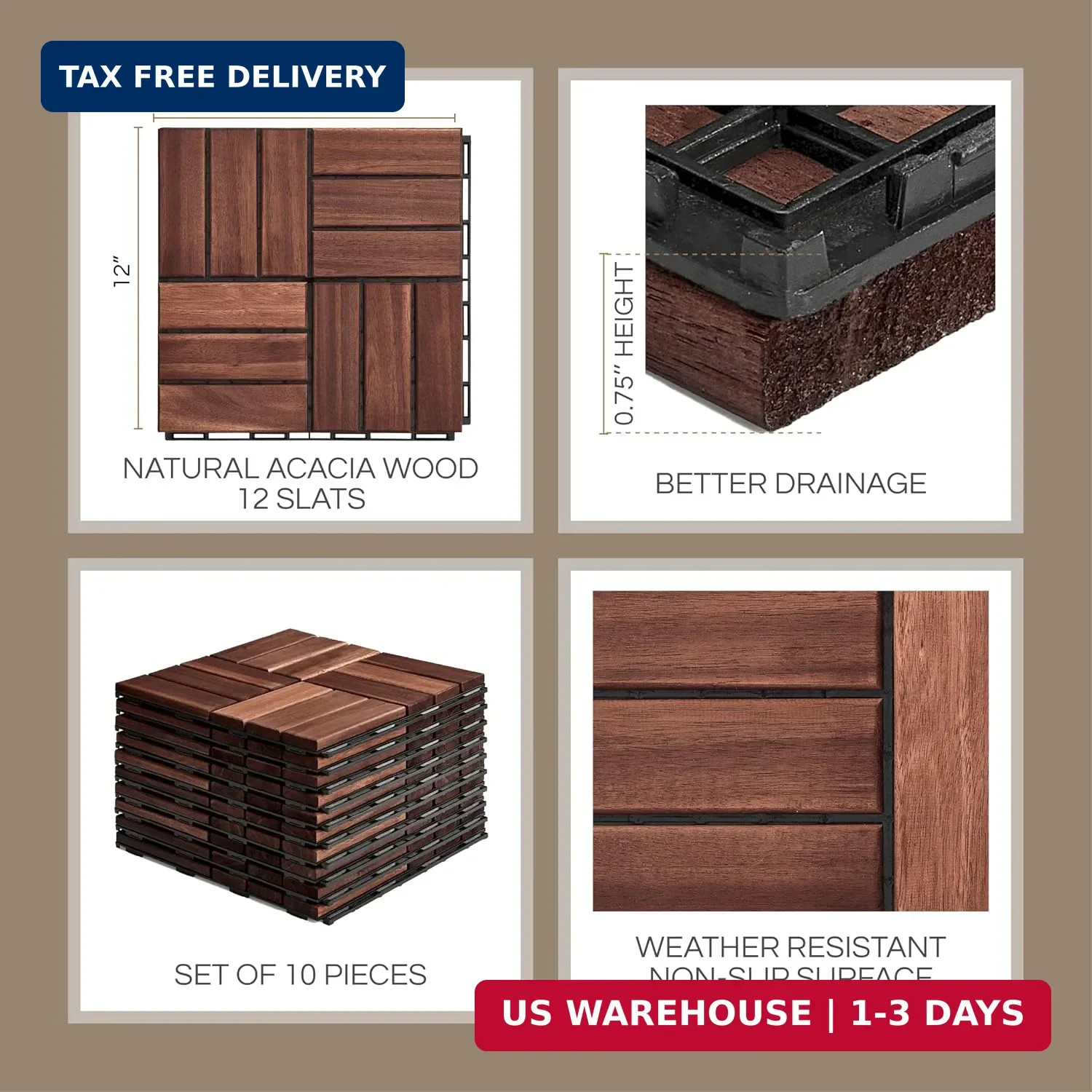 THYOI Premium Deck Tiles, Patio Flooring – Set 10 Pcs 12″x12″x0.9″ Interlocking