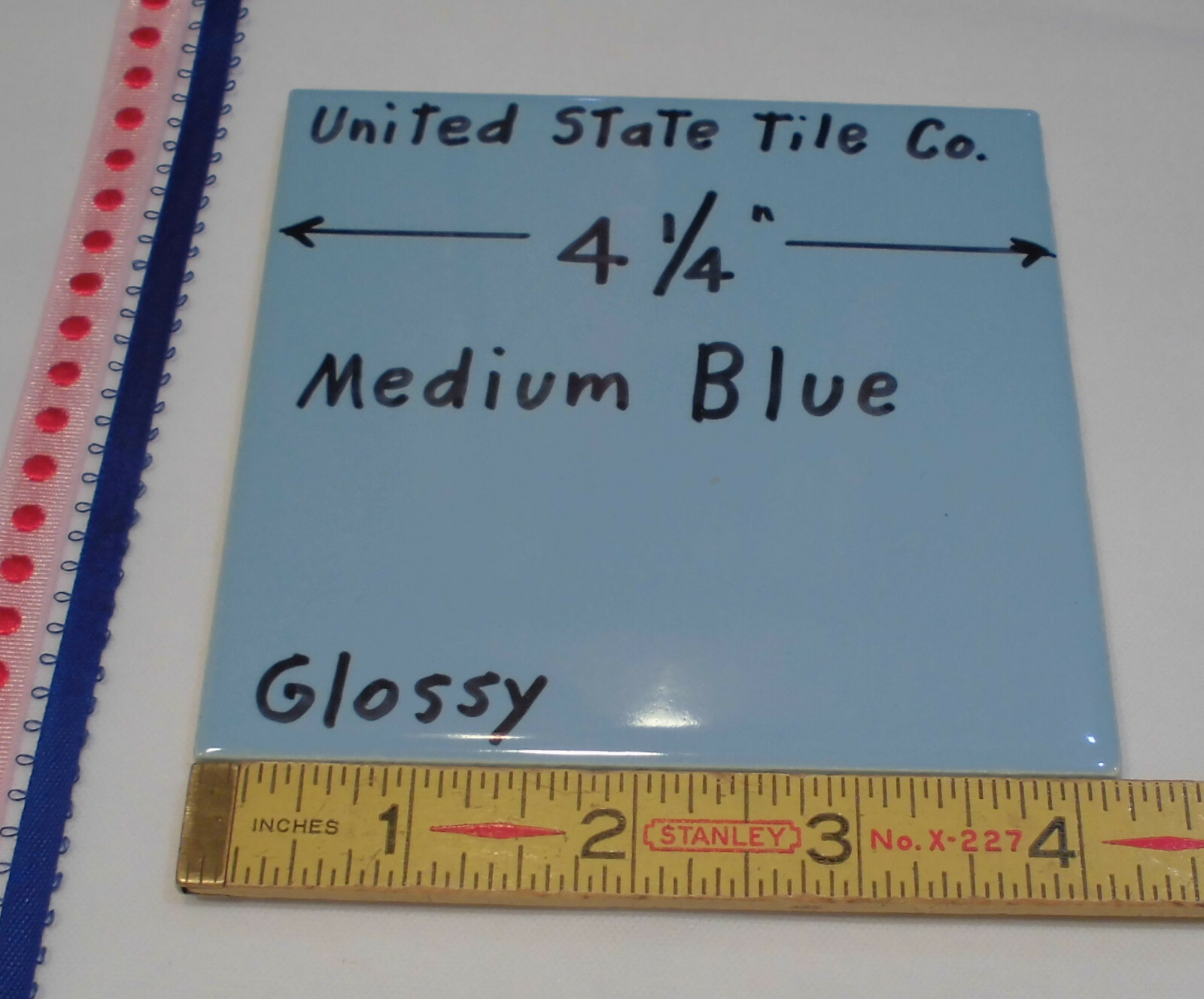 1 pc. Medium Blue 4-1/4″ Glossy Ceramic Tile; United States Tile Co. Made 1990’s