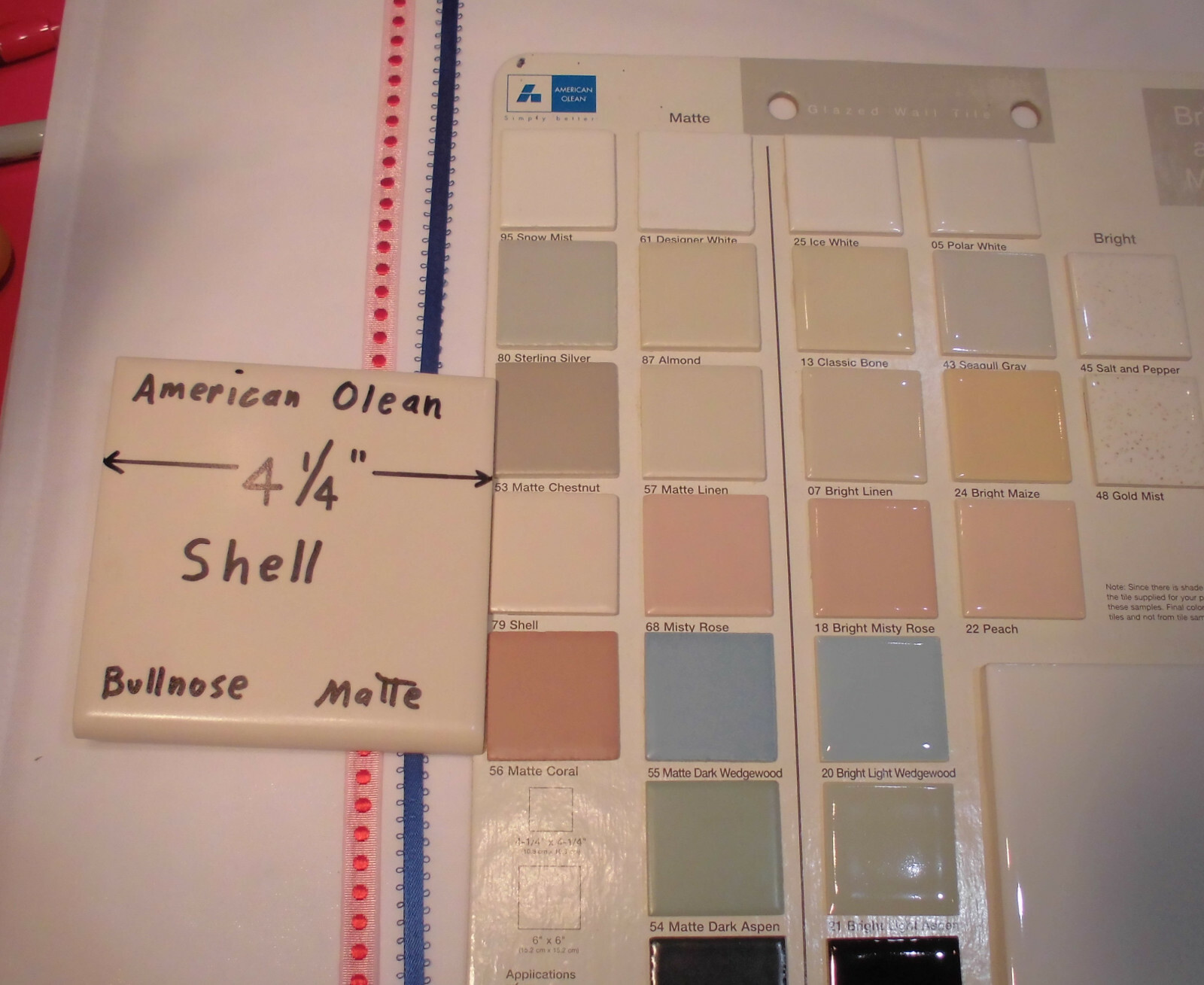 1 pc. Shell; Bullnose Matte Ceramic Tile; American Olean Co. 4-1/4″ Hint of Pink