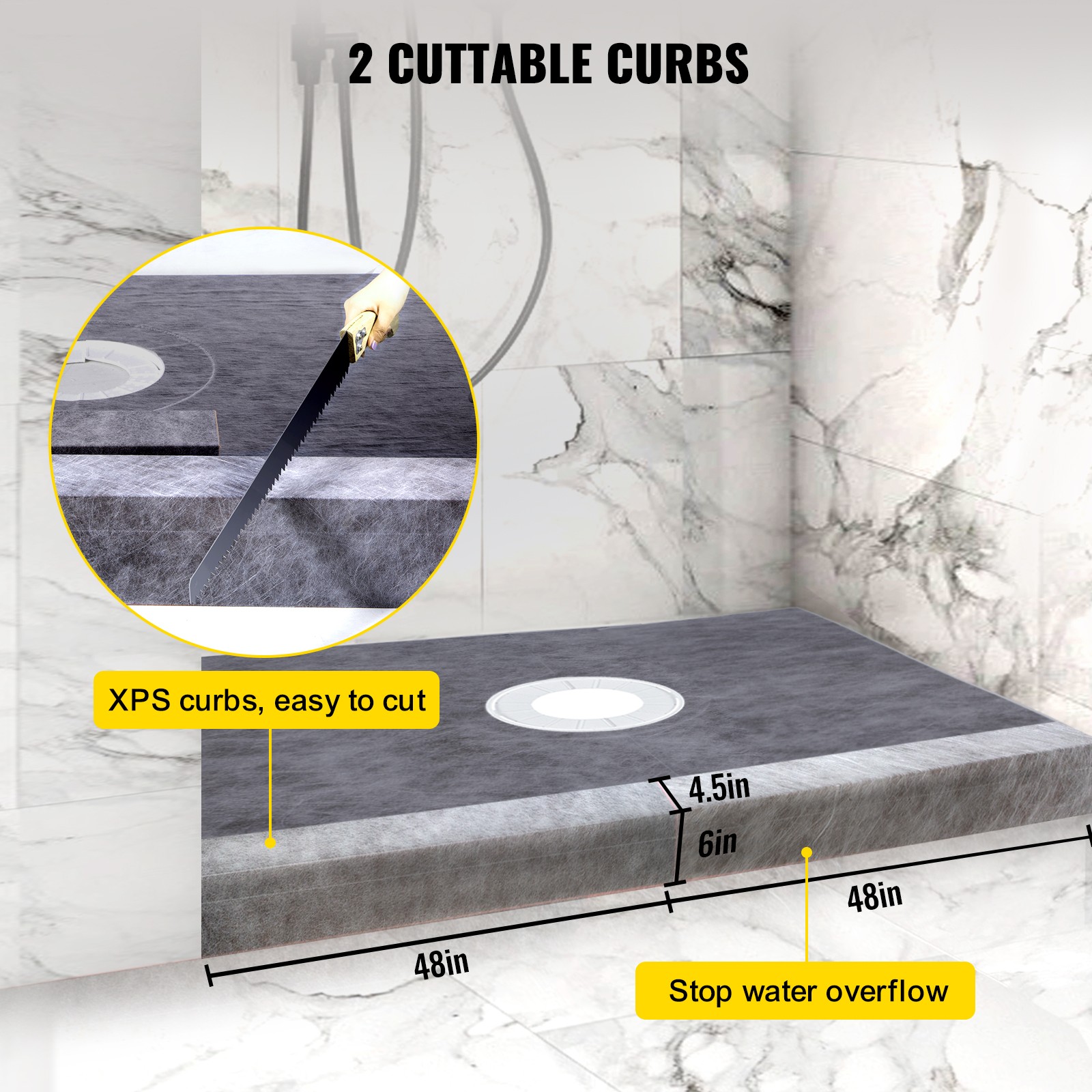 VEVOR Waterproofing Shower Curb Kit Shower Kit Tray 48×72” w/ Central Drain ABS
