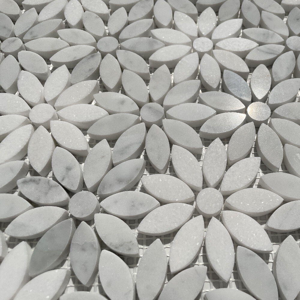 C9D5XP White Thassos Carrara Marble Daisy Flower Floral Mosaic Tile Polished
