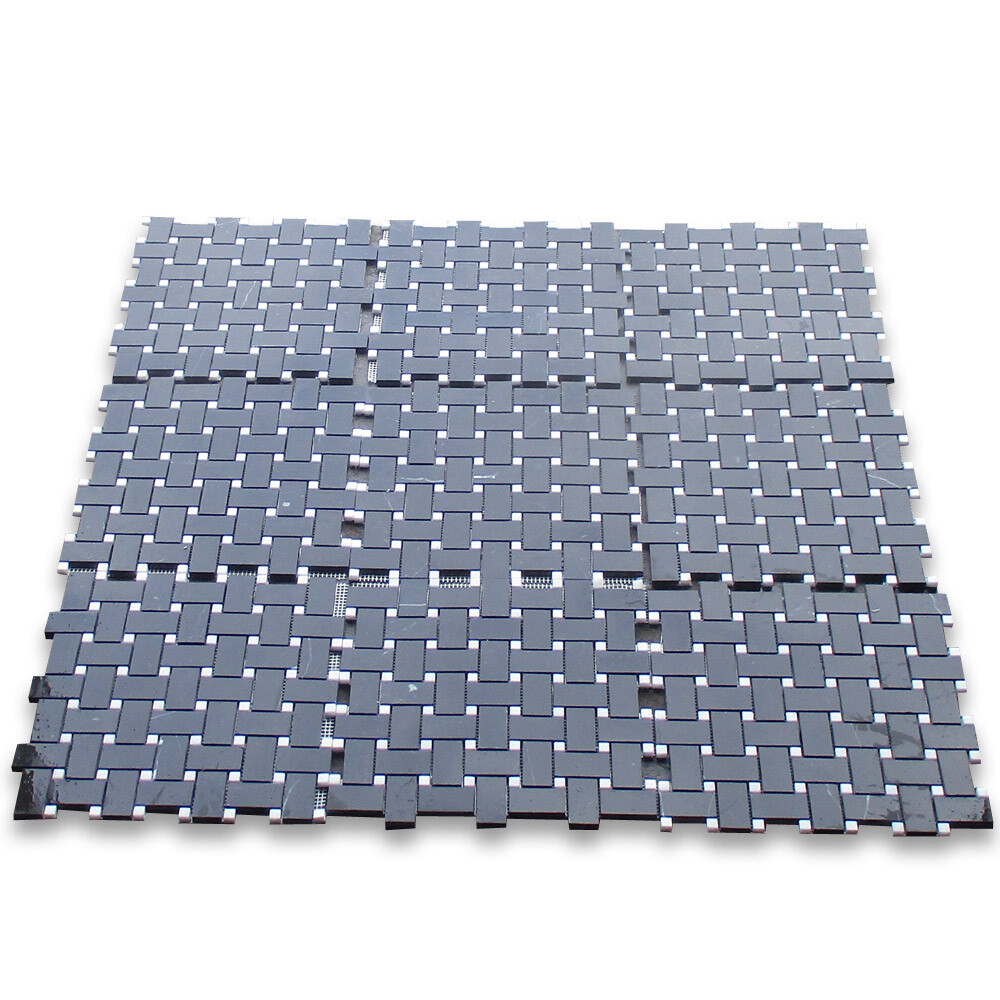 N655XH Basketweave Nero Marquina Black Mosaic Tile w/ White Marble Dots Honed