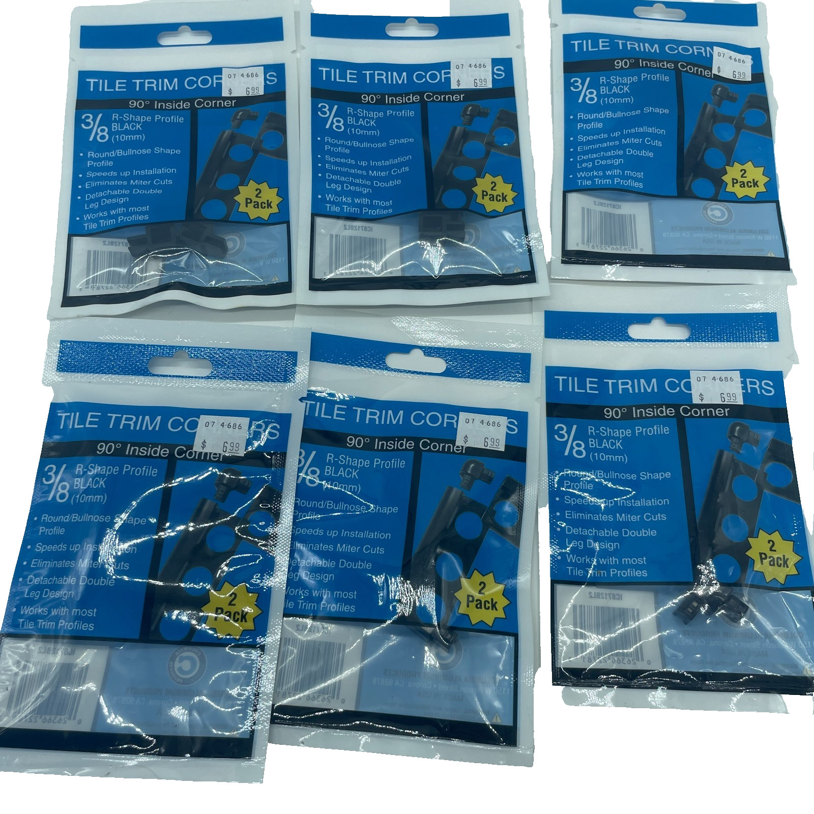 Tile Trim Corner 90° Inside Corner 3/8″ R-Square Shape Black Finish lot of 6