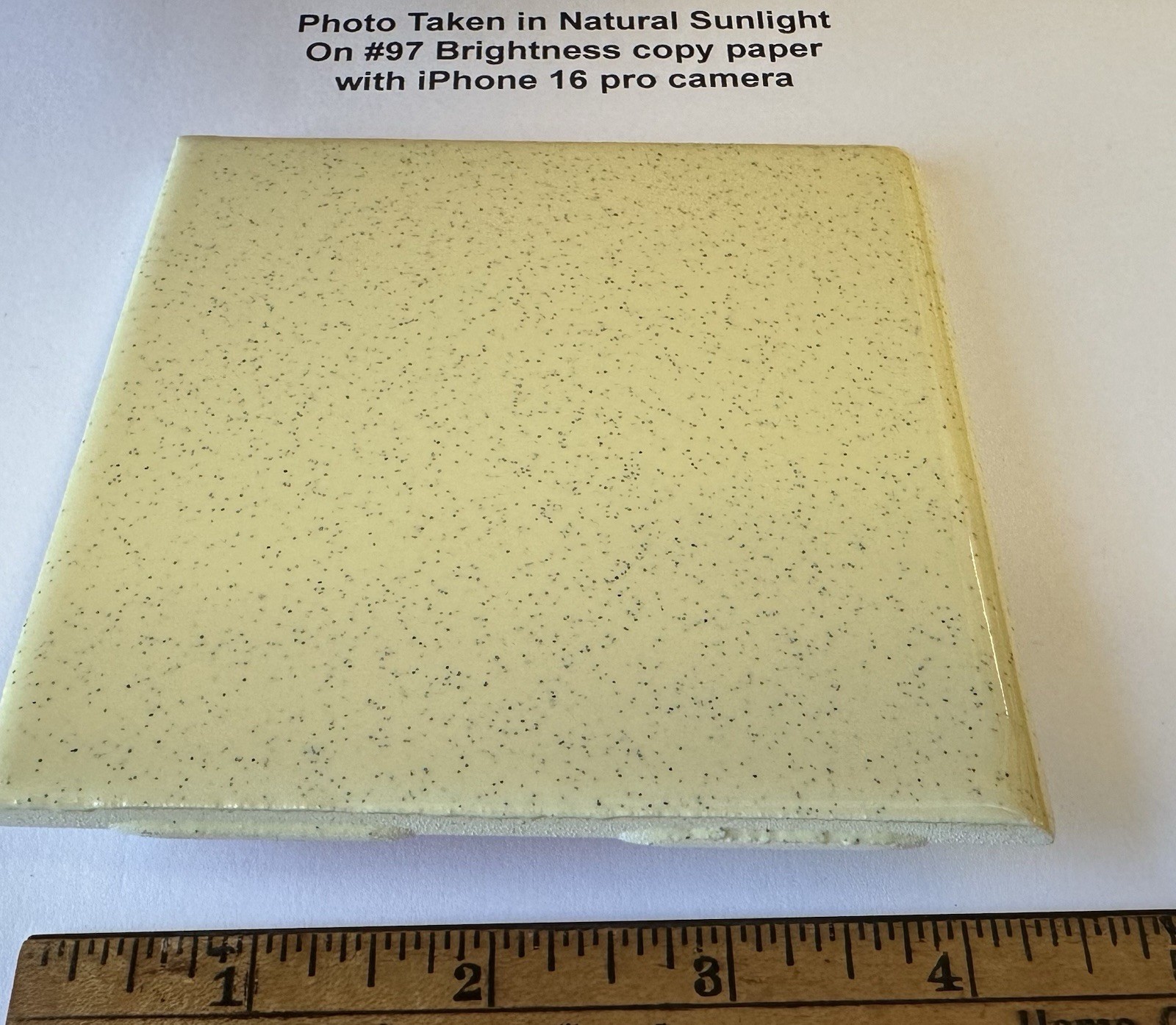 1 pc. Speckled Yellow Color: 4-1/4″ Glossy Ceramic Bullnose Tile, by Oxford Co.