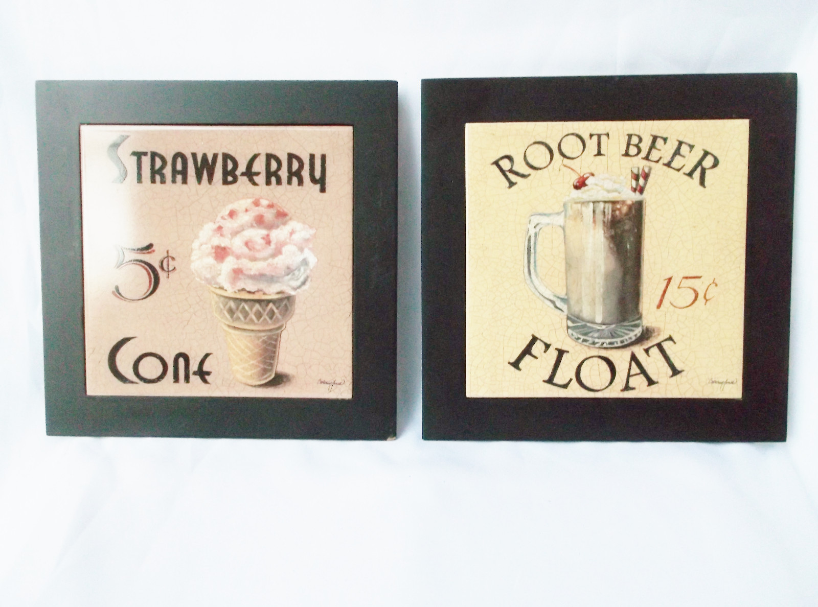 Strawberry Cone/Root Beer Float Ceramic Tile Wood Trivet Hot Plate Wall Art 8×8