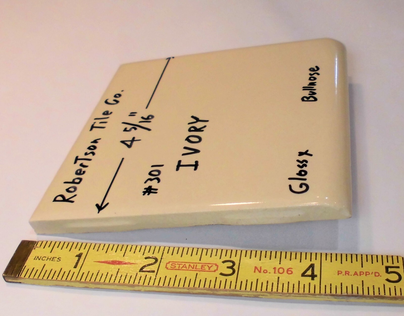1 pc. Glossy Ceramic Bullnose Tile *Ivory* 4-5/16″ By Robertson Tile Co. New