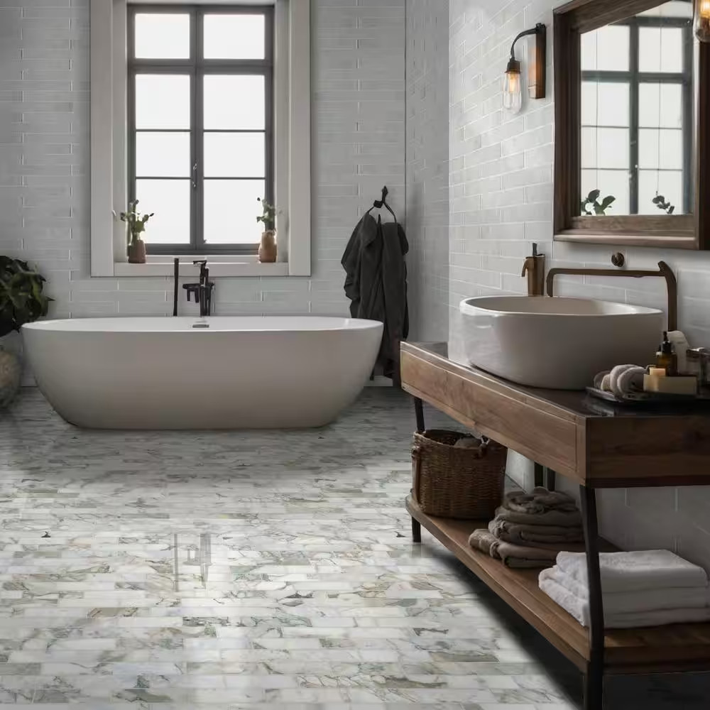 Coranado Green 12 In. X 12 In. Honed Marble Mesh-Mounted Mosaic Floor and Wall T