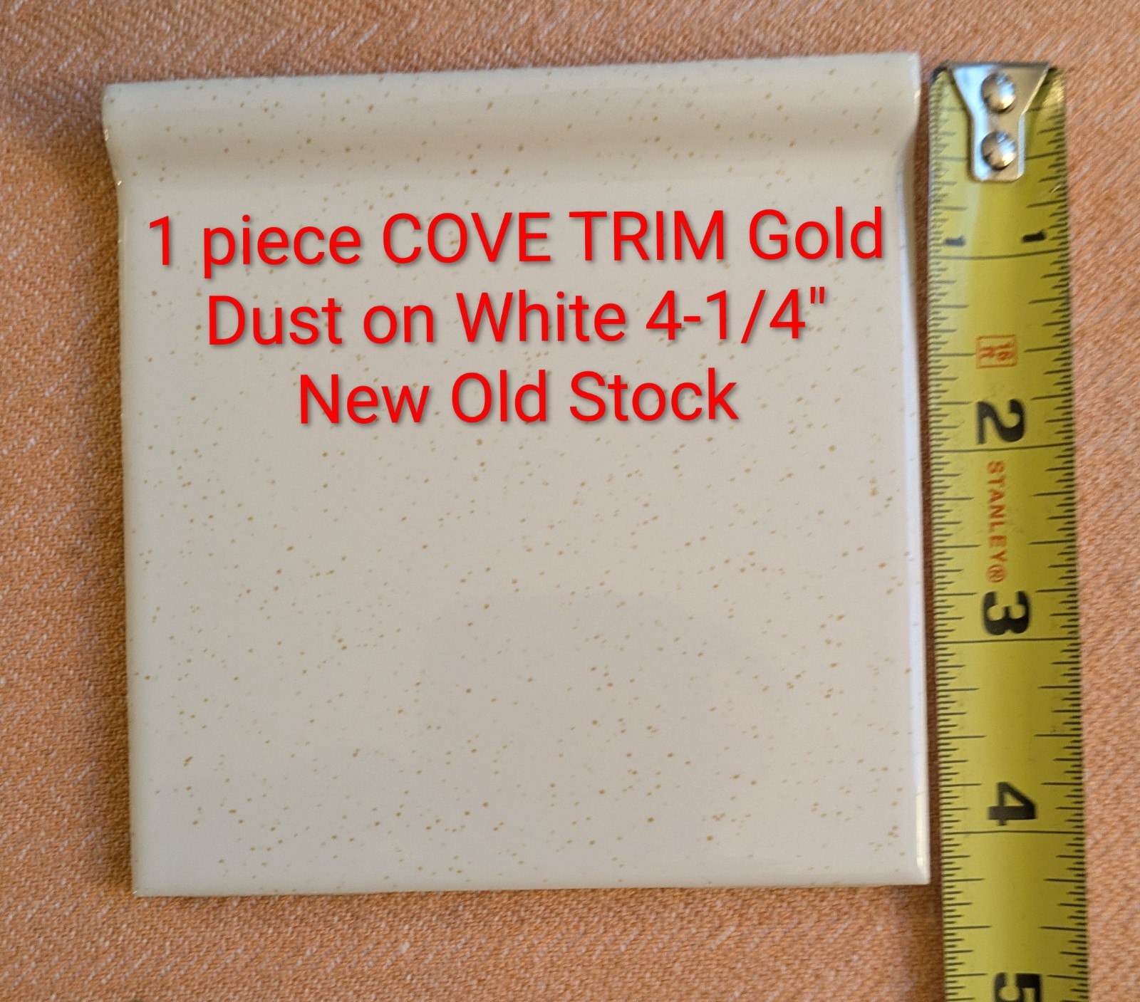 1 piece COVE Trim Gold Dust on White 4-1/4″ Glossy Speckled US Ceramic Tile New