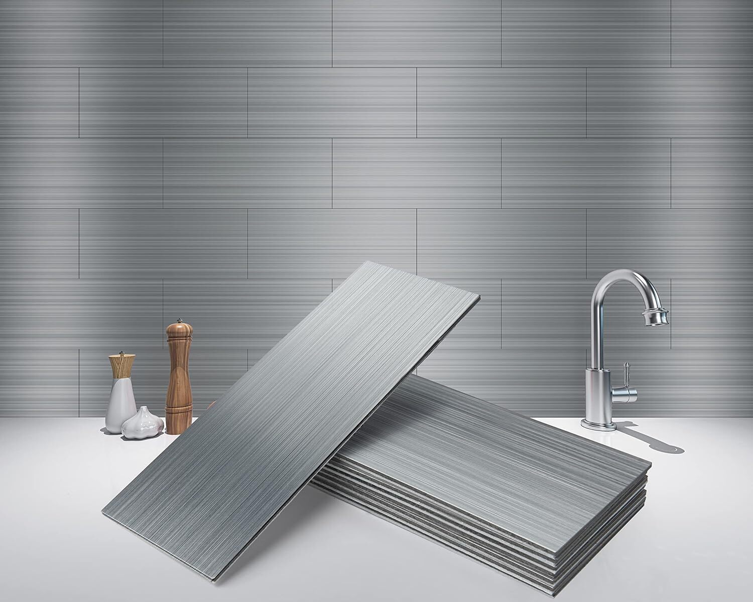 4″ X 12″ Peel and Stick Stainless Steel Metal Tile for Kitchen, (15 Pack)