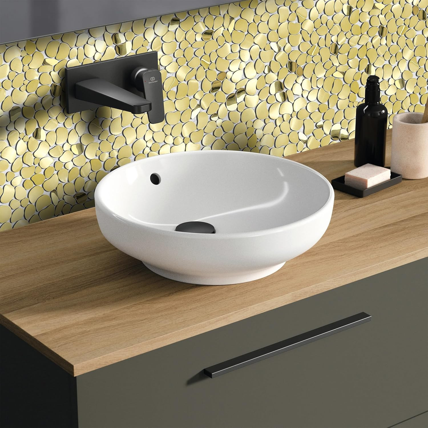 Golden Metal Pebble Mosaic Tiles, 5 Sheets Stainless Steel Backsplash Mesh Mount
