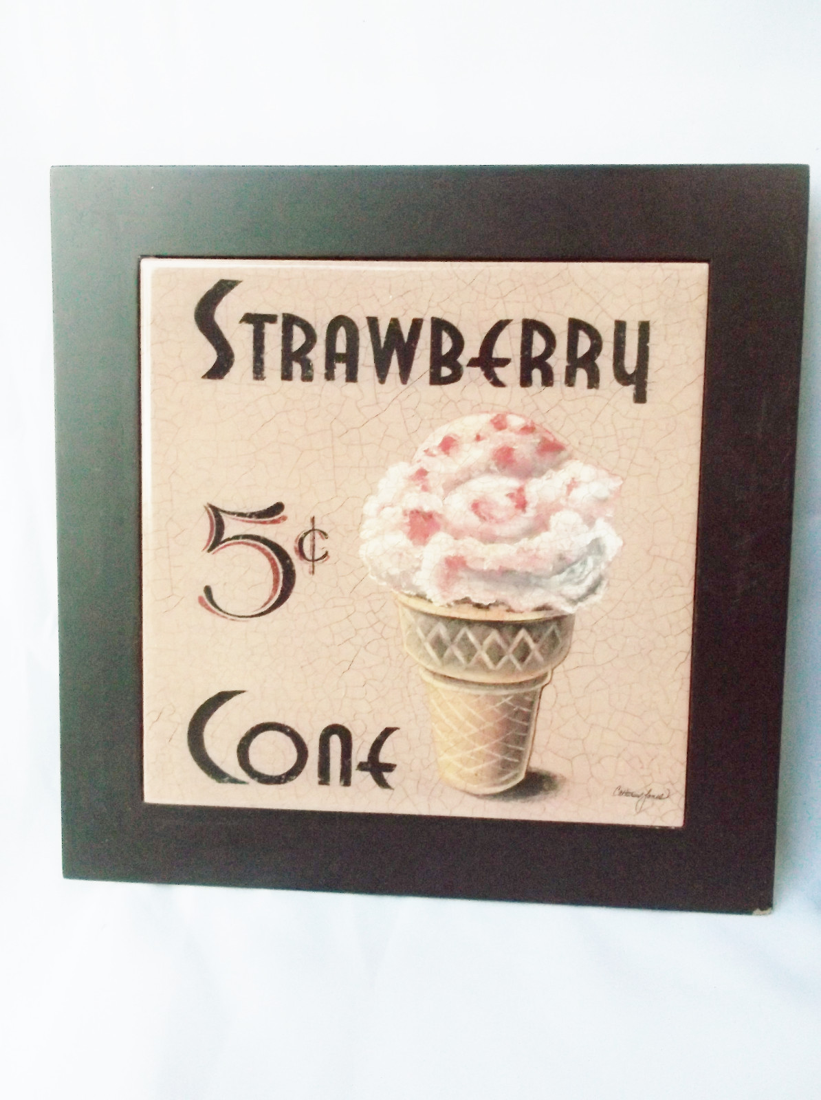 Strawberry Cone/Root Beer Float Ceramic Tile Wood Trivet Hot Plate Wall Art 8×8