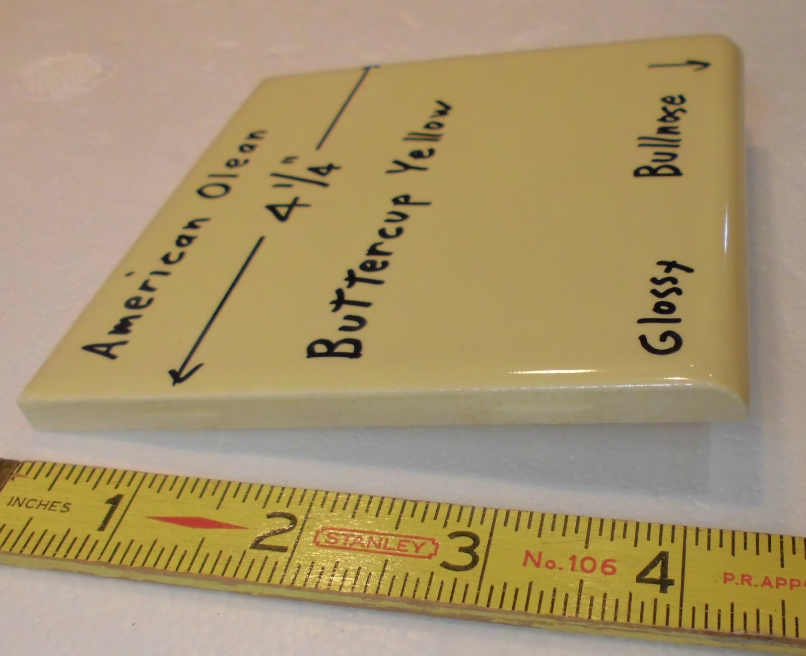 1 pc. Buttercup Yellow: 4-1/4″ Glossy BULLNOSE Ceramic Tile: American Olean, NOS