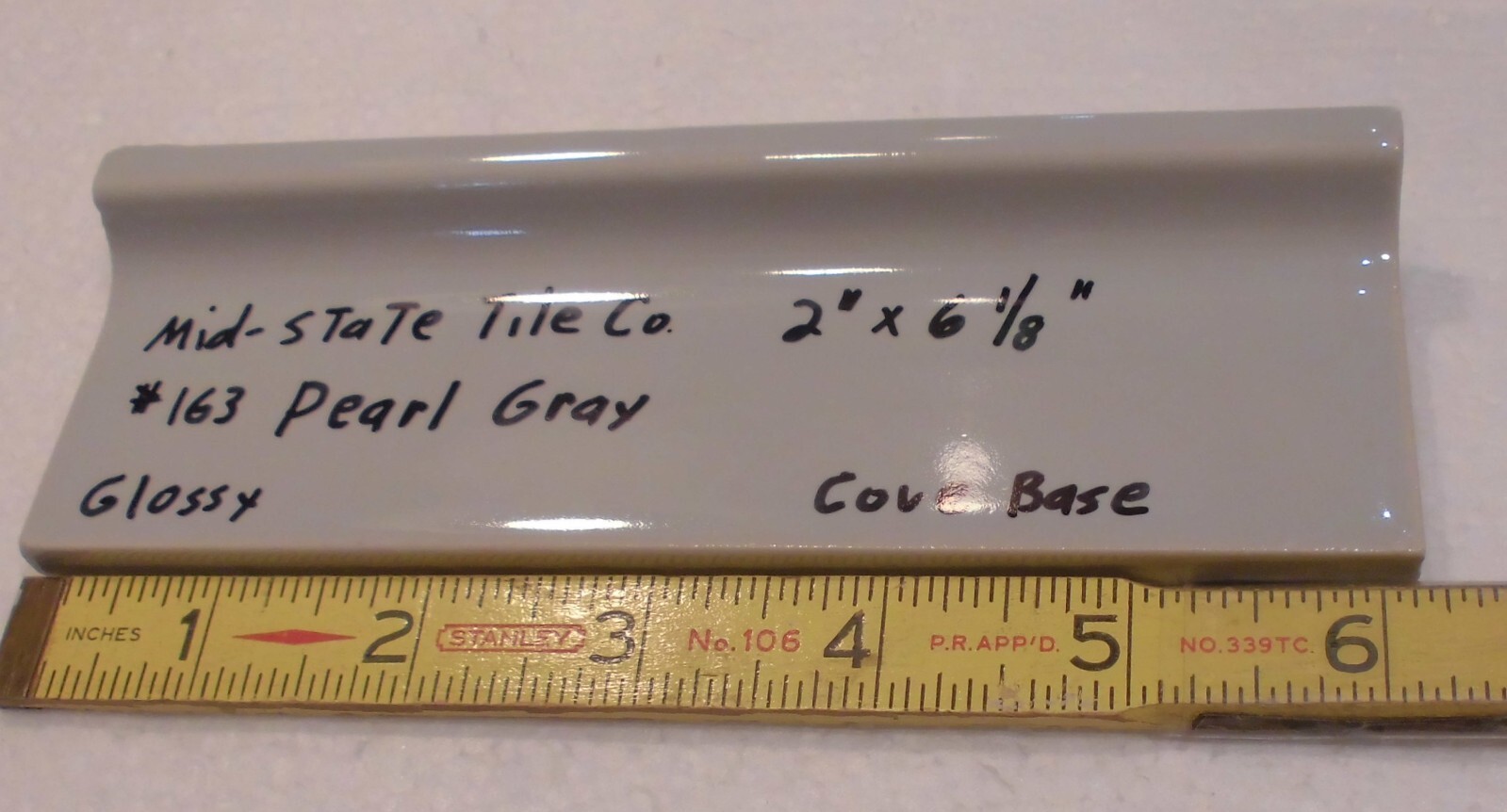 1 pc. Pearl Gray: 2” X 6-1/8” Glossy Ceramic Cove Base Tile, Flat Top, NOS